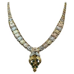 Vintage .18 Carat Emerald 3-Tone Sterling Silver Vermeil Chevron Necklace