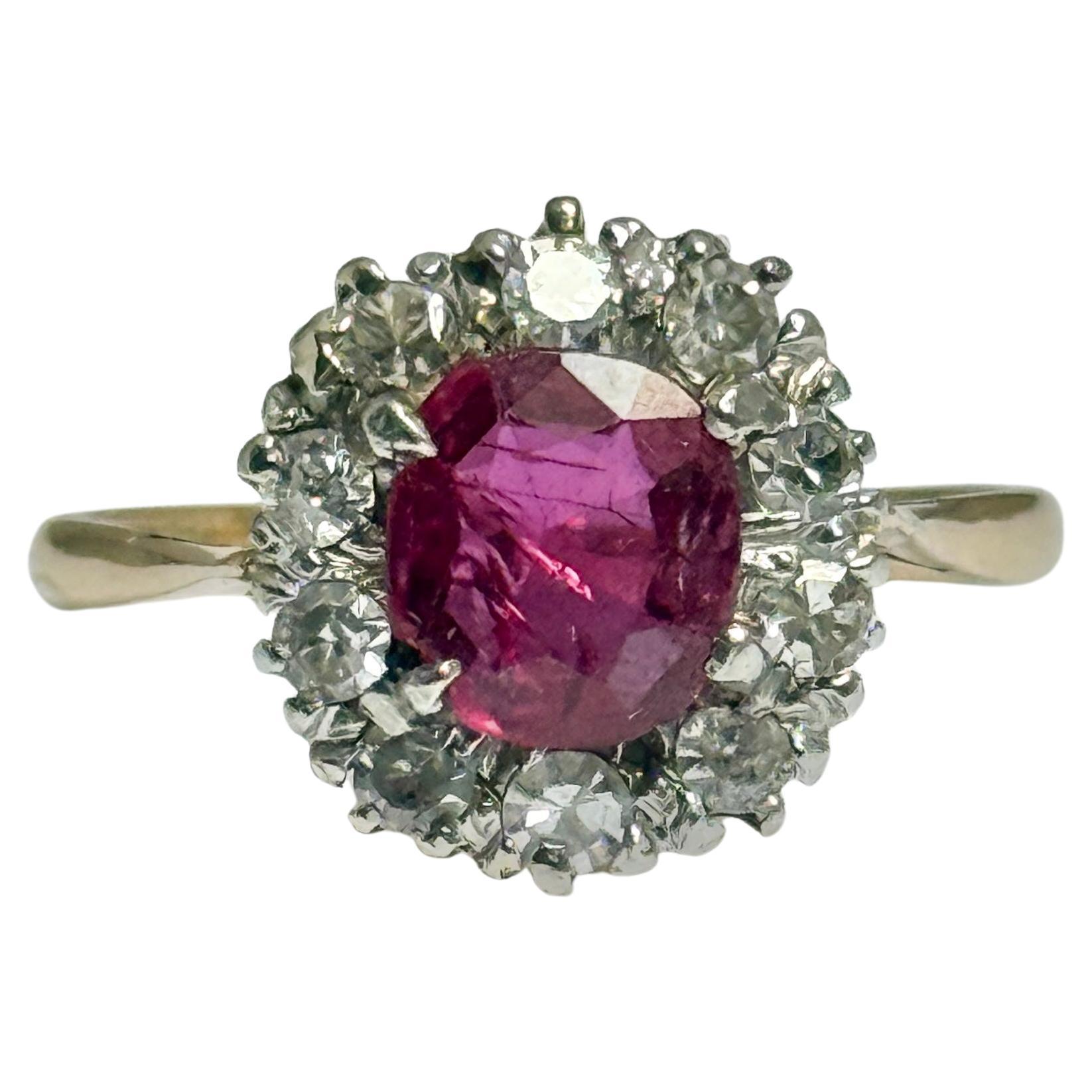 Vintage 18 Carat Gold and Platinum Ruby and Diamond Cluster Ring