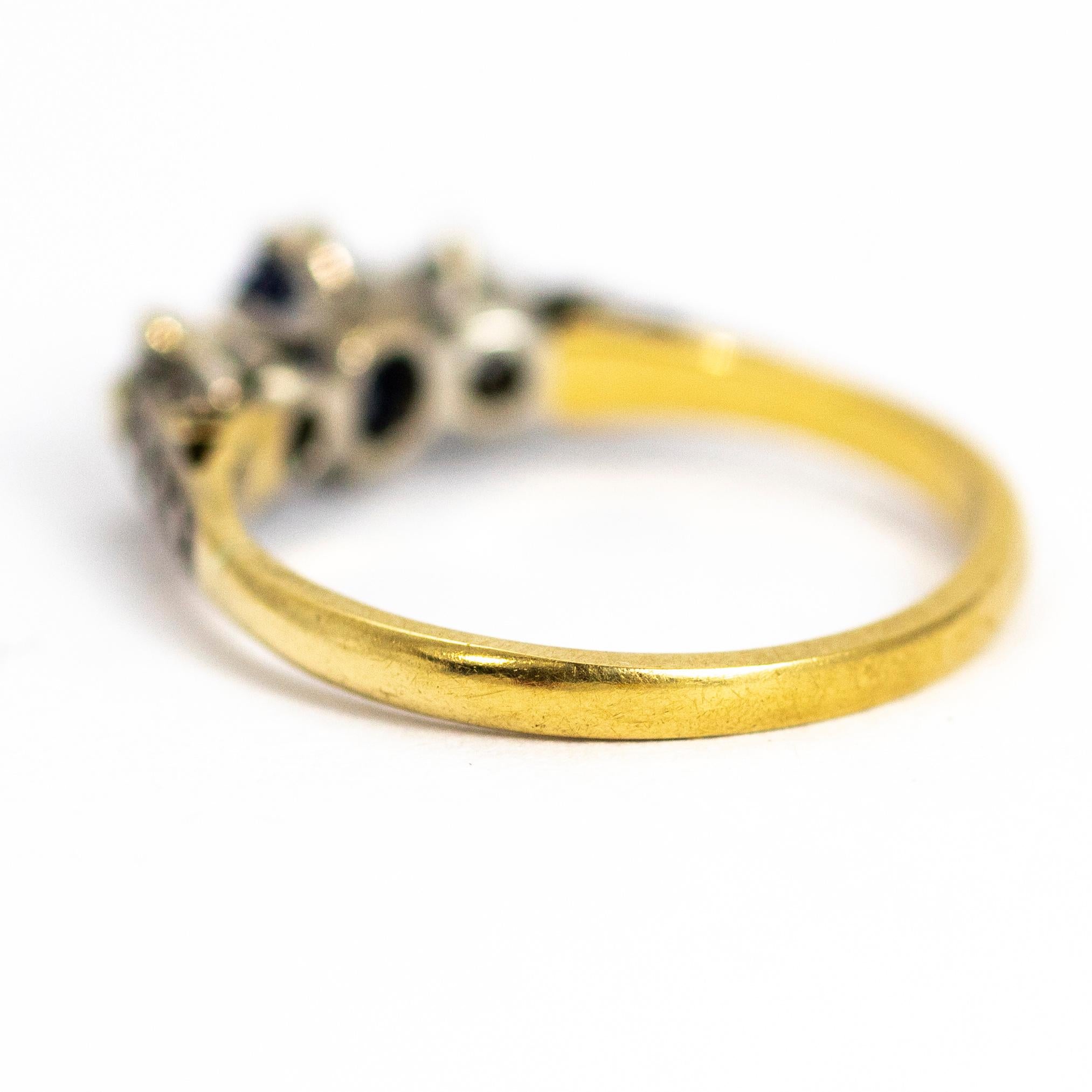 Round Cut Vintage 18 Carat Gold and Platinum Sapphire and Diamond Three-Stone Ring