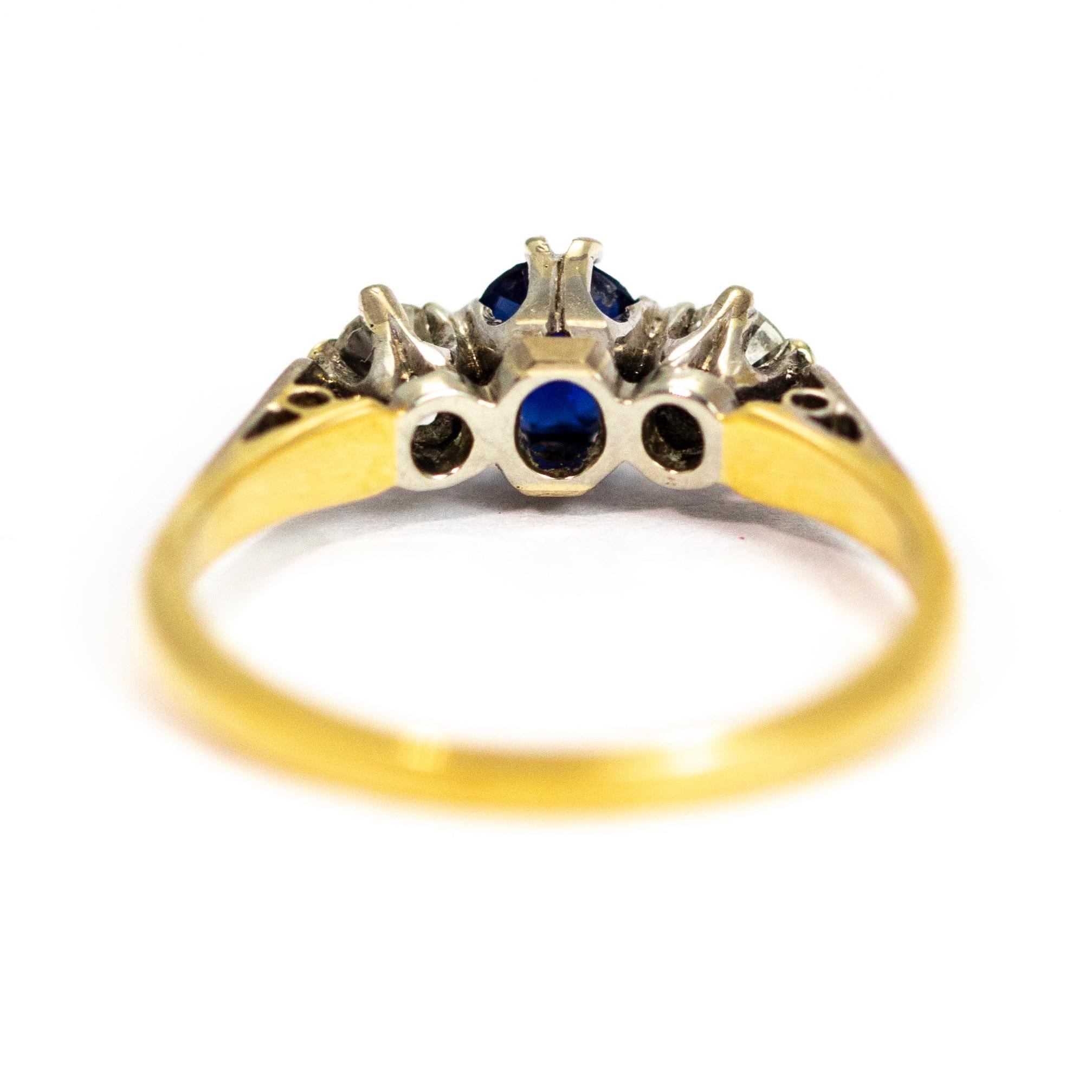 Vintage 18 Carat Gold and Platinum Sapphire and Diamond Three-Stone Ring In Good Condition In Chipping Campden, GB