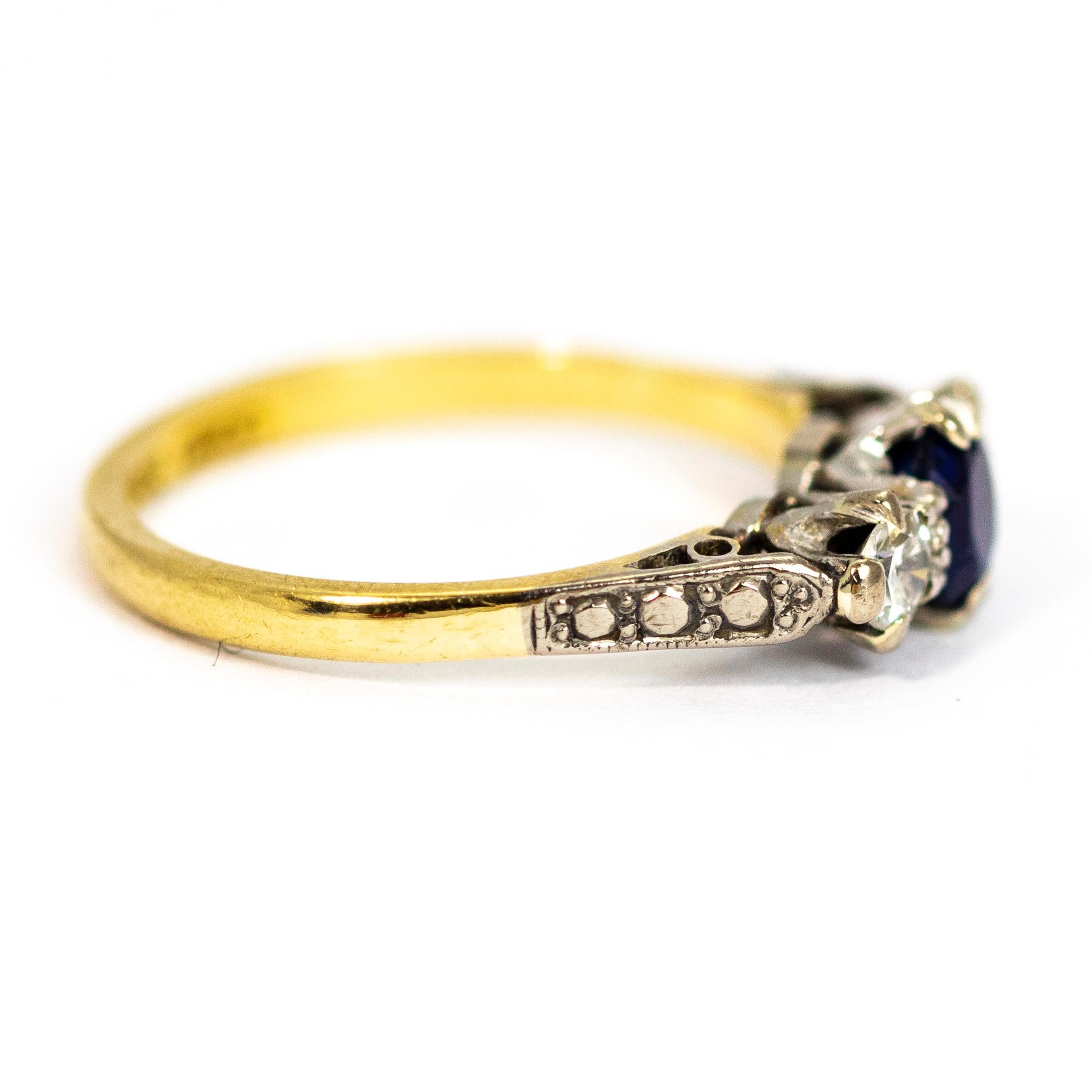 Women's or Men's Vintage 18 Carat Gold and Platinum Sapphire and Diamond Three-Stone Ring