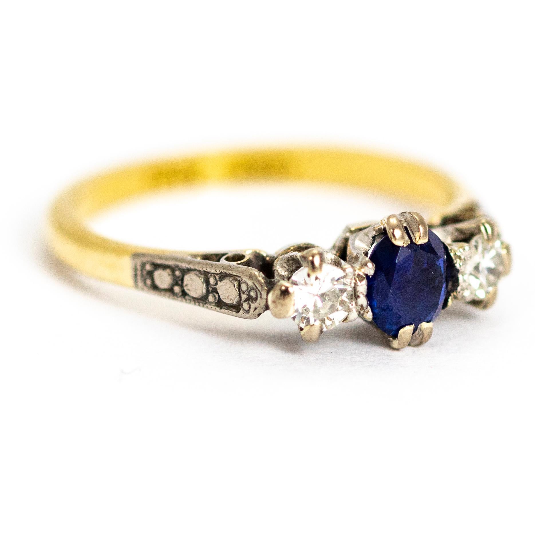 Vintage 18 Carat Gold and Platinum Sapphire and Diamond Three-Stone Ring 1