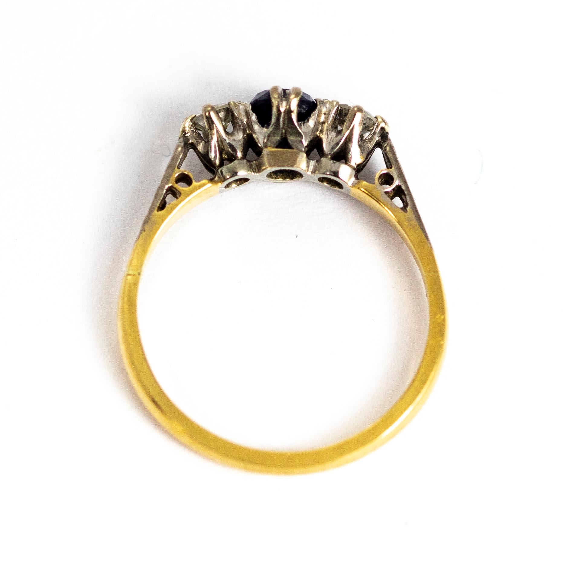 Vintage 18 Carat Gold and Platinum Sapphire and Diamond Three-Stone Ring 2