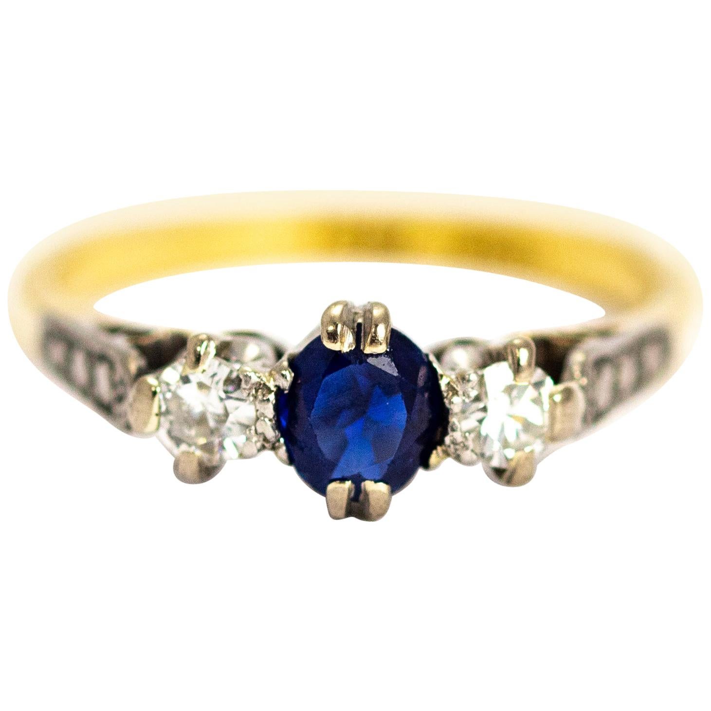 Vintage 18 Carat Gold and Platinum Sapphire and Diamond Three-Stone Ring