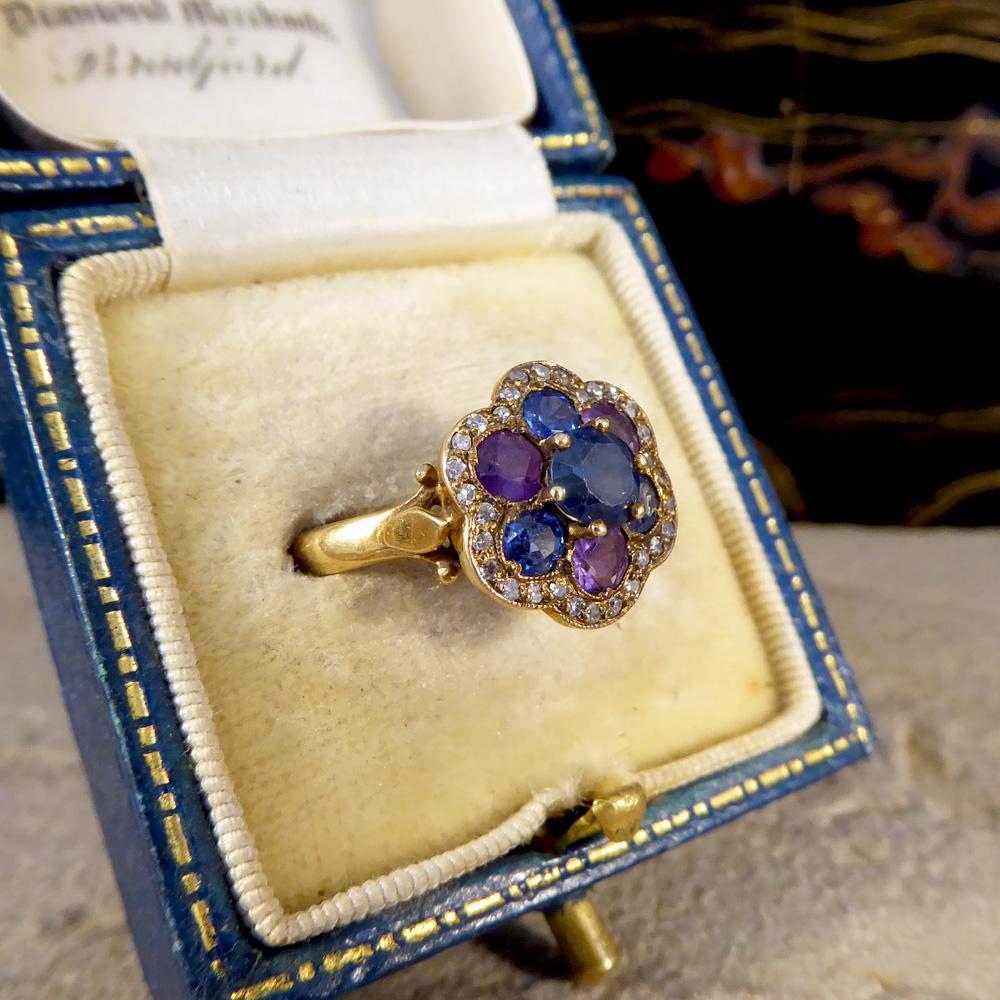 Vintage 18 Carat Gold Blue and Purple Sapphire and Diamond Cluster Ring 2