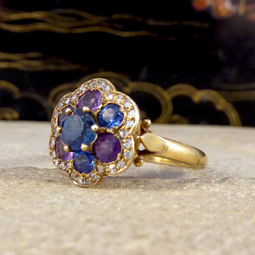 Retro Vintage 18 Carat Gold Blue and Purple Sapphire and Diamond Cluster Ring