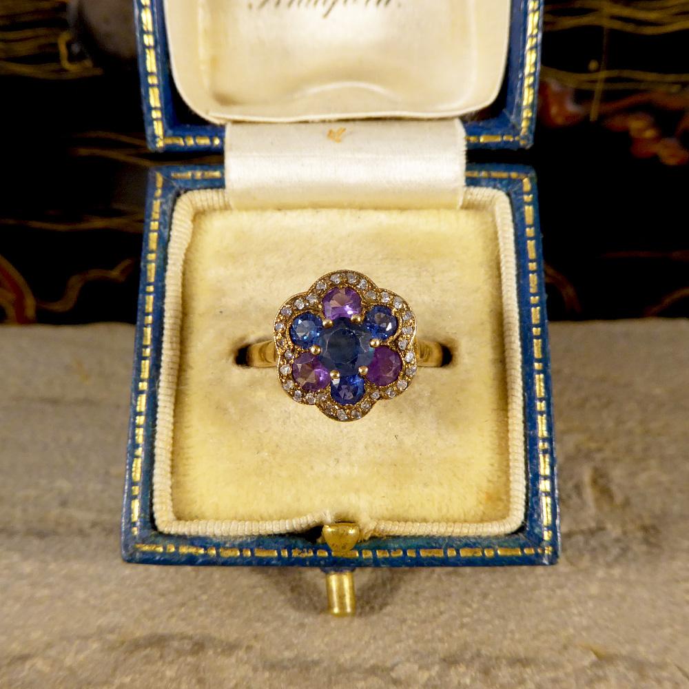 Vintage 18 Carat Gold Blue and Purple Sapphire and Diamond Cluster Ring In Good Condition In Yorkshire, West Yorkshire