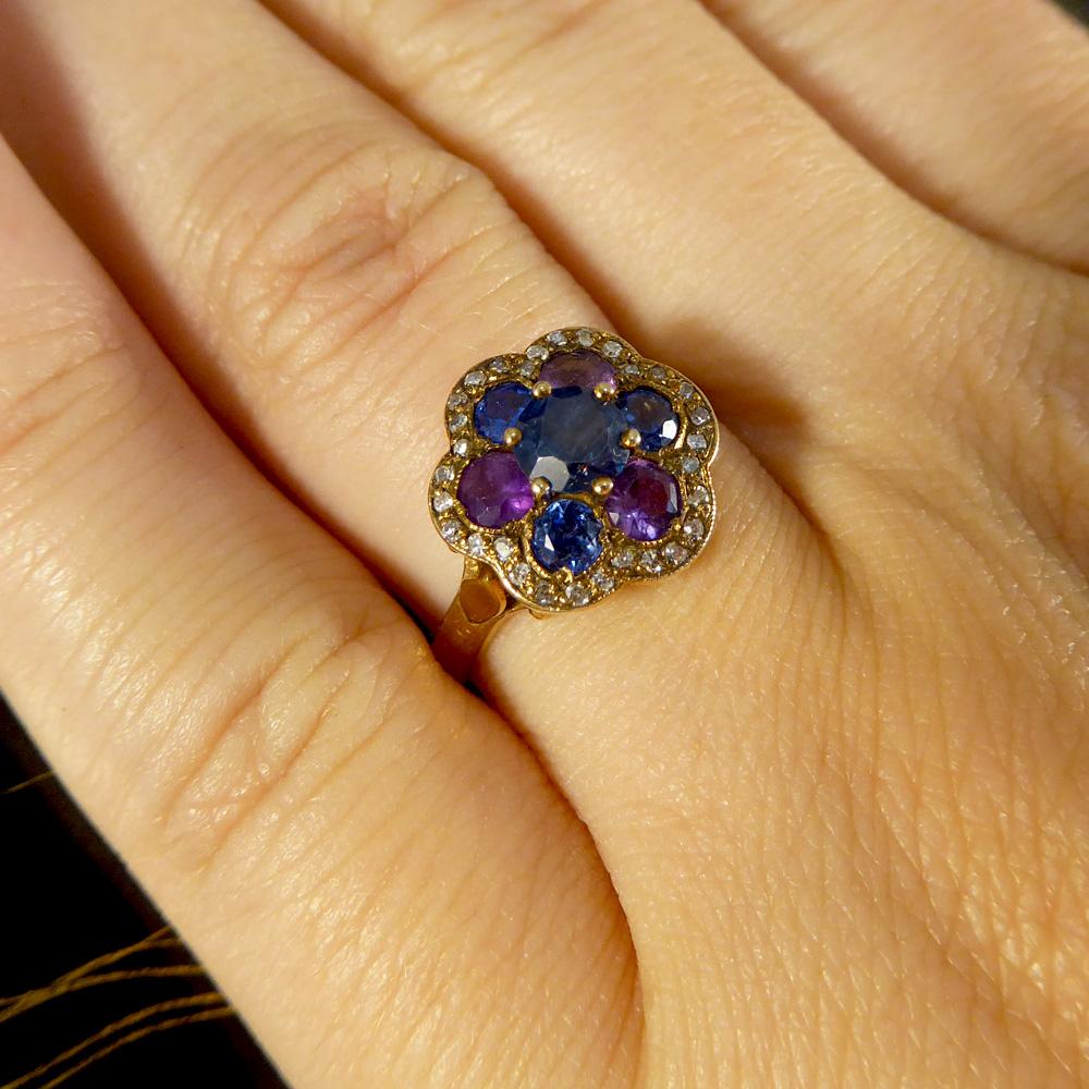 Vintage 18 Carat Gold Blue and Purple Sapphire and Diamond Cluster Ring 1