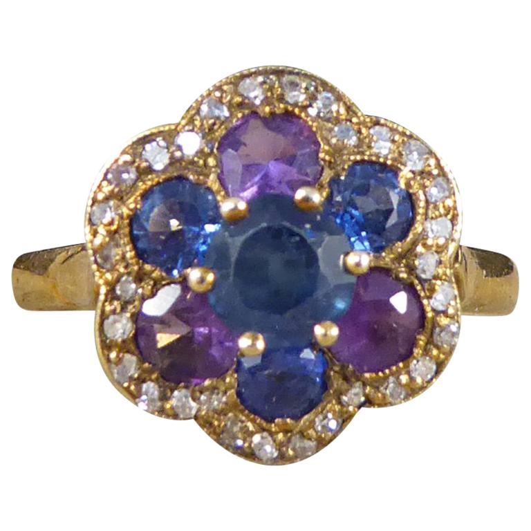 Vintage 18 Carat Gold Blue and Purple Sapphire and Diamond Cluster Ring