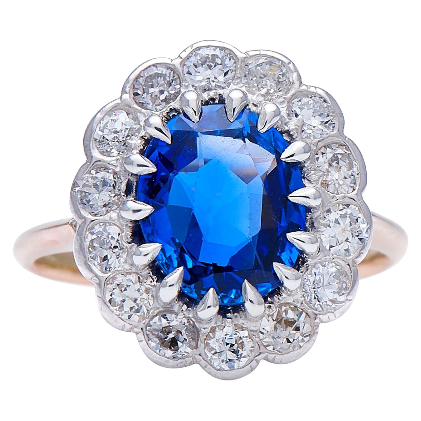 Vintage, 18 Carat Gold, Burmese Sapphire and Diamond Cluster Ring For Sale