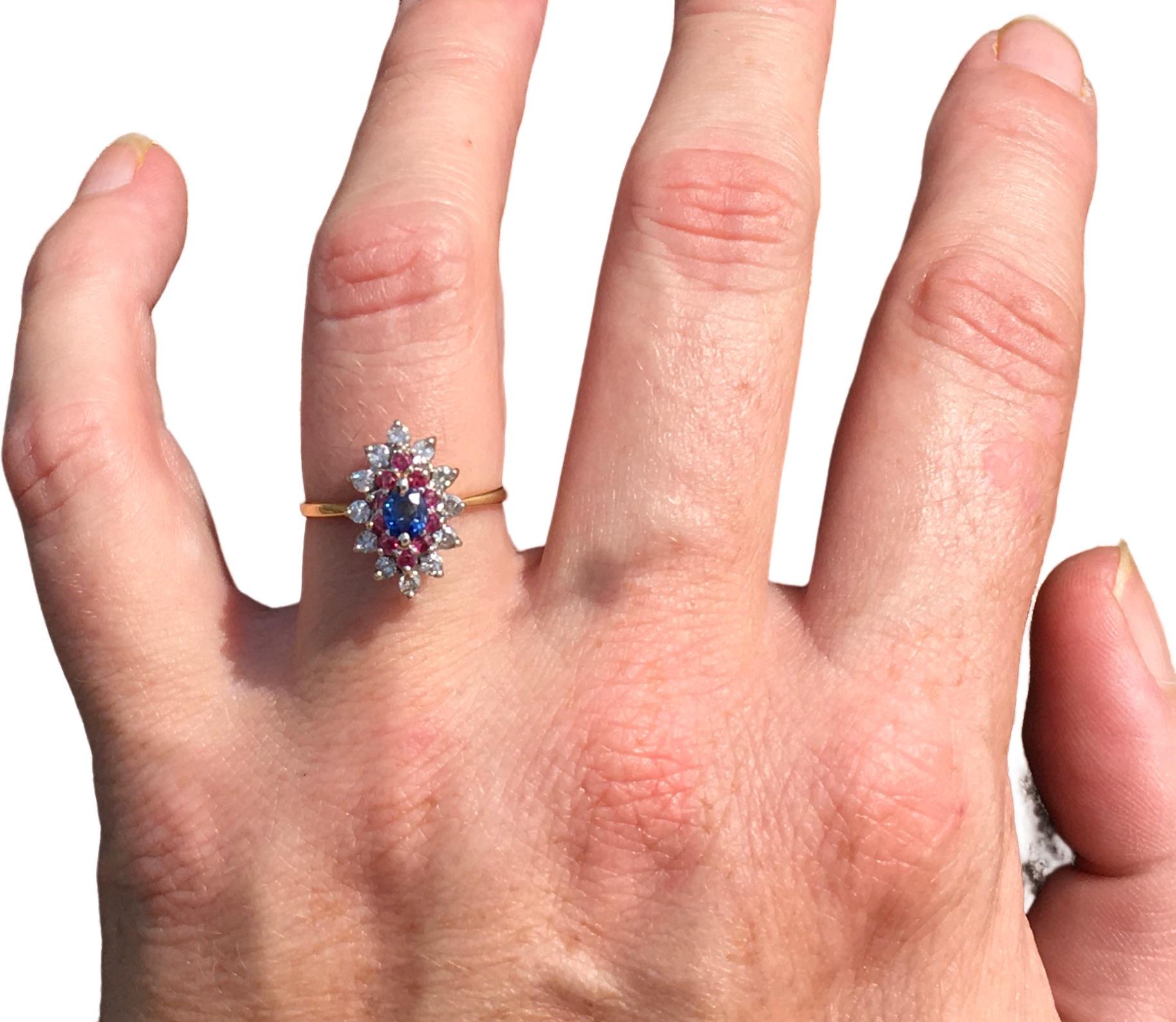 Vintage 18 Carat Gold Cluster Ring Set with Sapphire Rubies and Diamonds For Sale 5