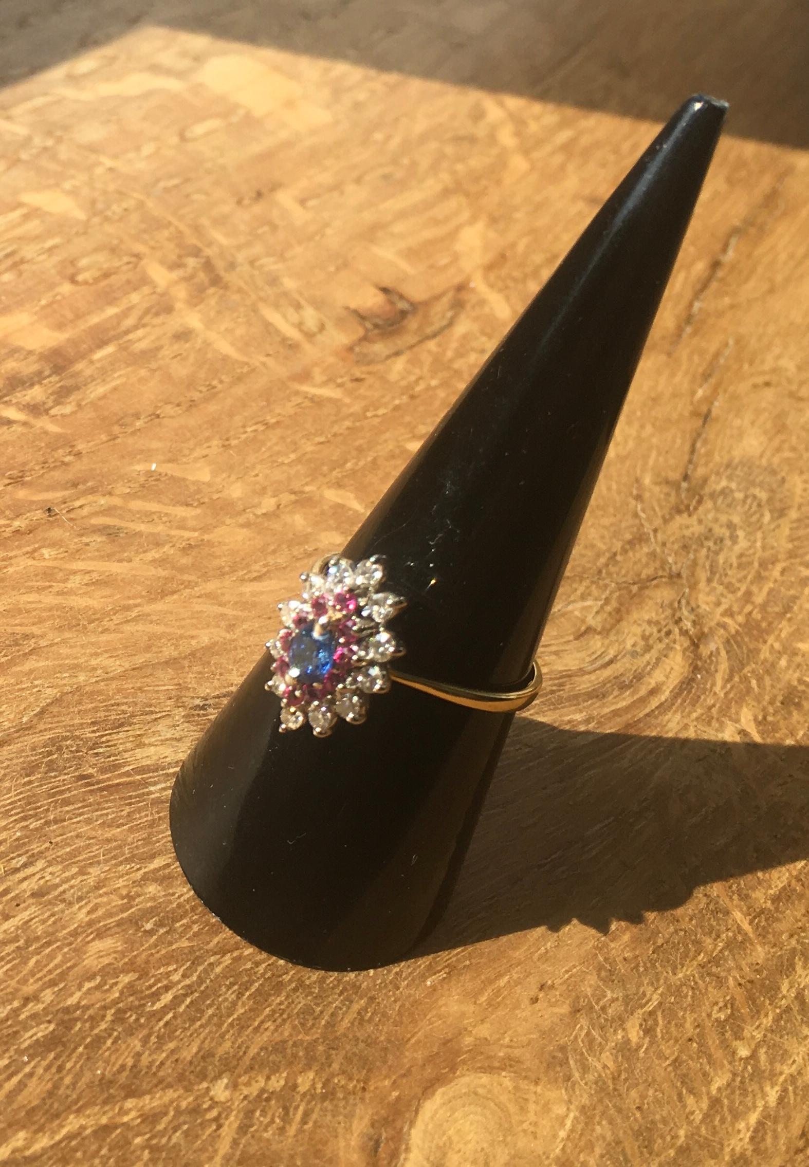 Women's Vintage 18 Carat Gold Cluster Ring Set with Sapphire Rubies and Diamonds For Sale
