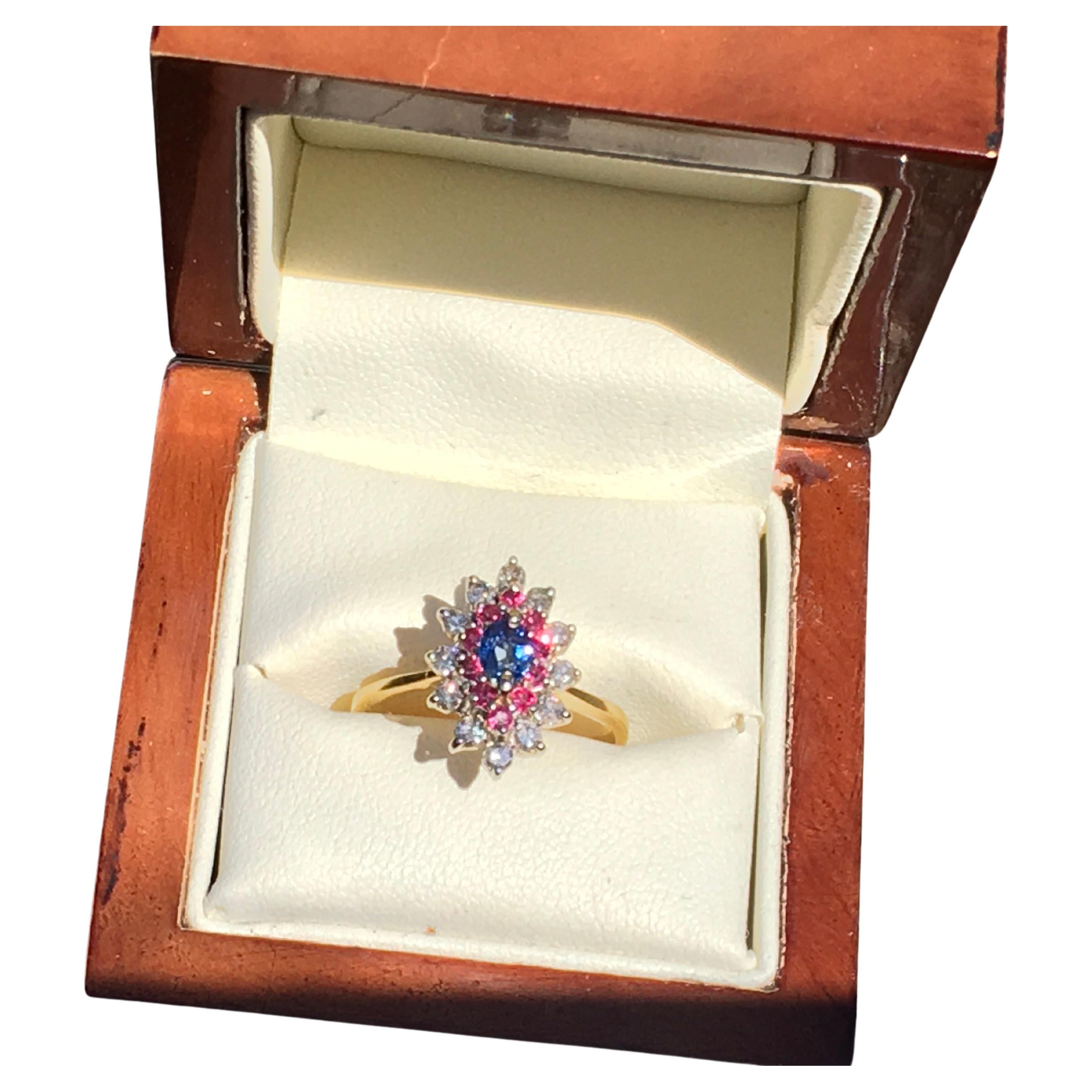 Vintage 18 Carat Gold Cluster Ring Set with Sapphire Rubies and Diamonds