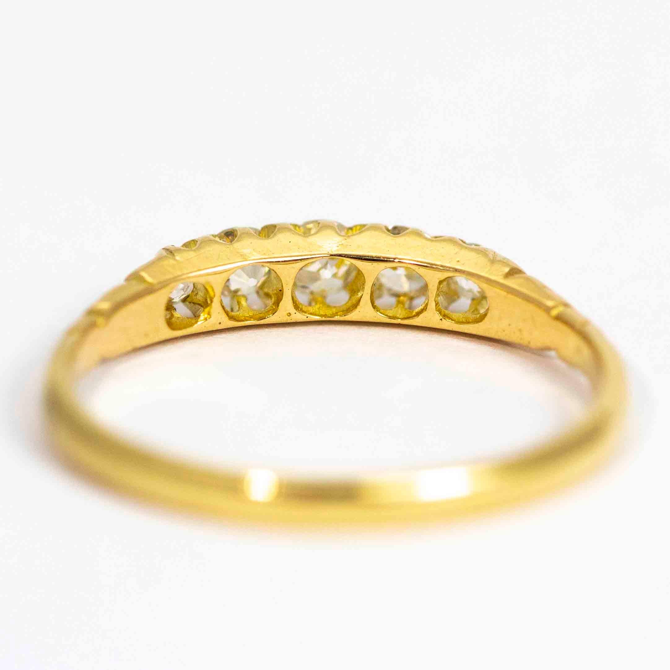 Women's or Men's Vintage 18 Carat Gold Cushion Diamond Five-Stone Ring