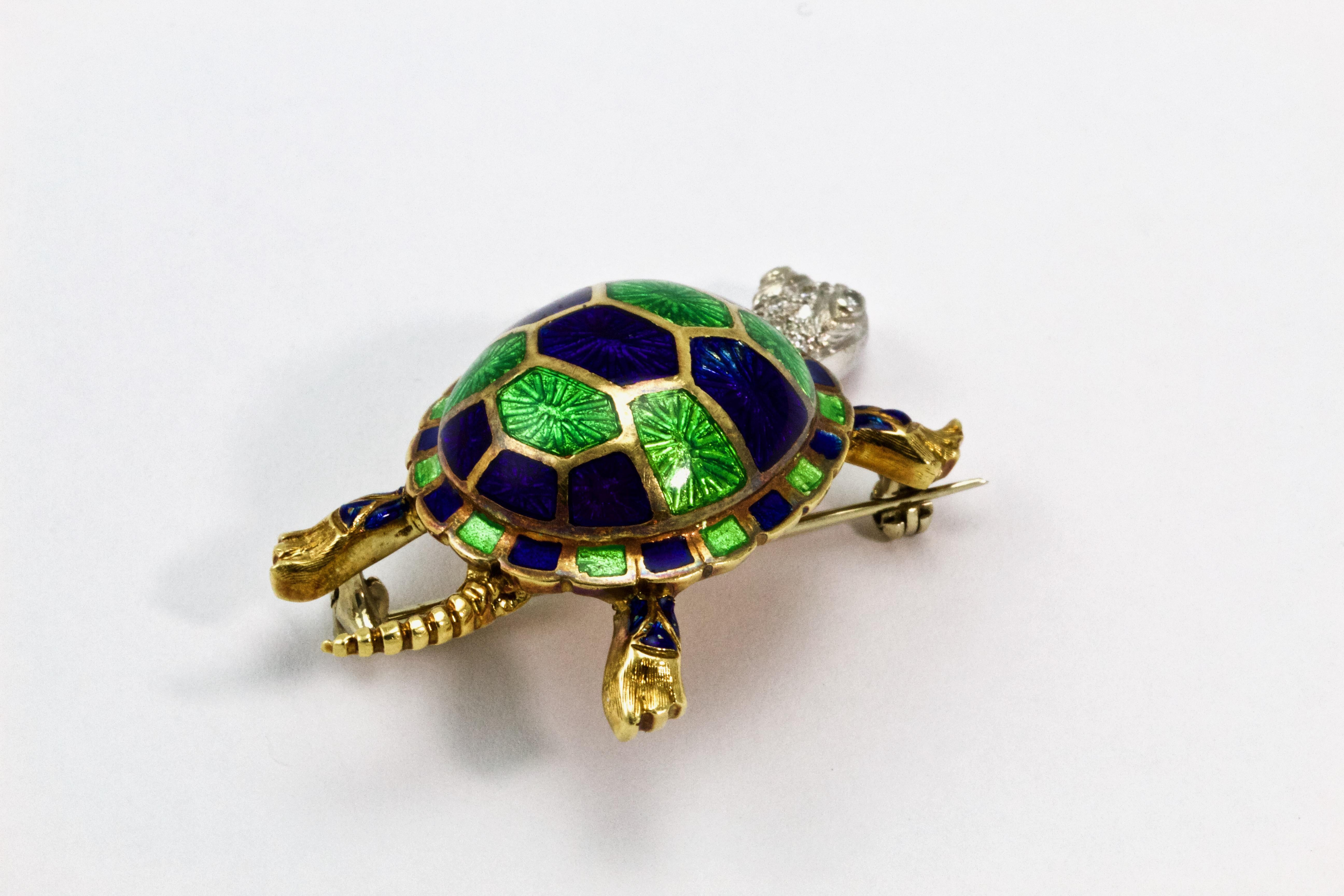 Vintage 18 Carat Gold Diamond and Enamel Turtle Brooch/Pin In Excellent Condition In Chipping Campden, GB