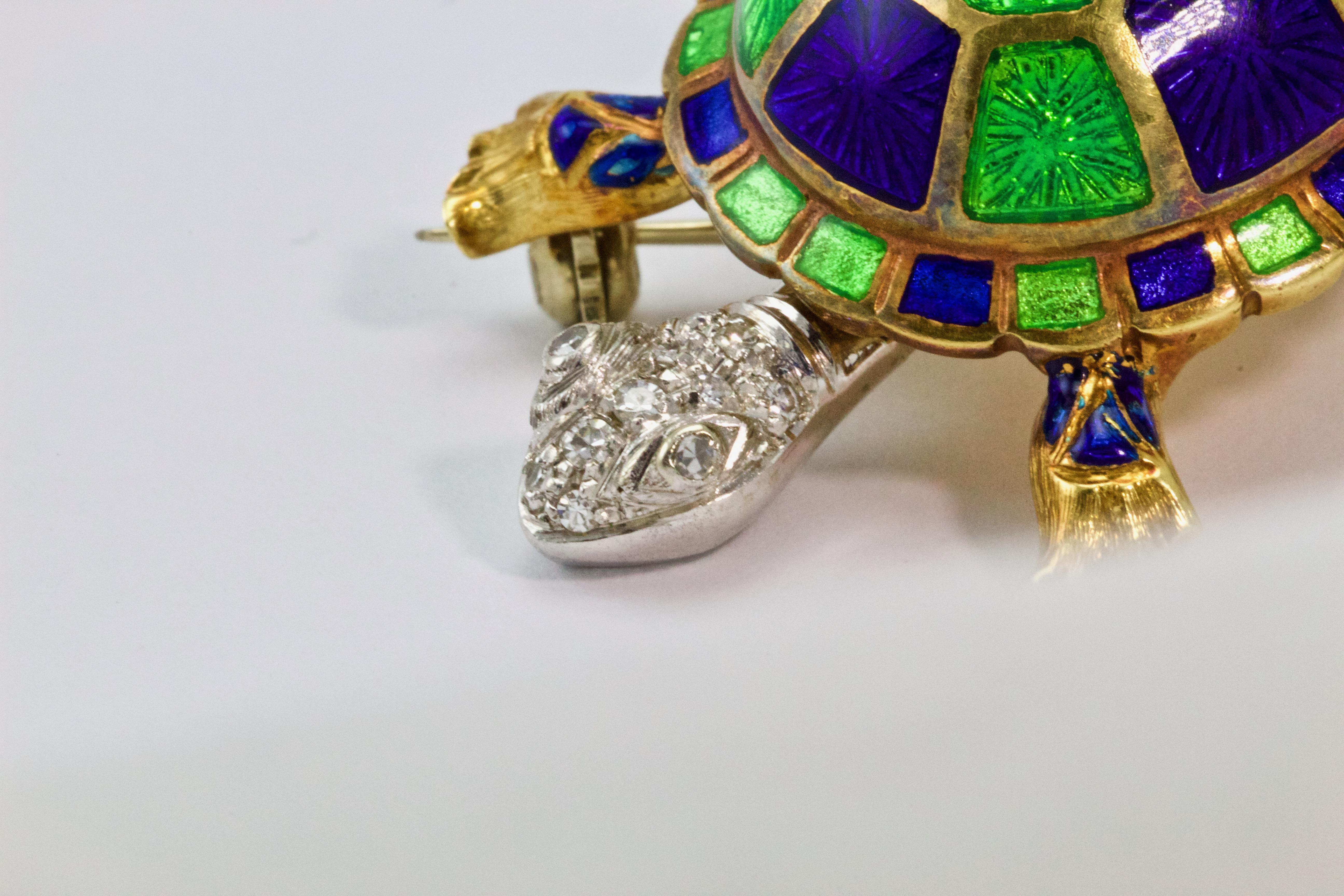 Women's or Men's Vintage 18 Carat Gold Diamond and Enamel Turtle Brooch/Pin