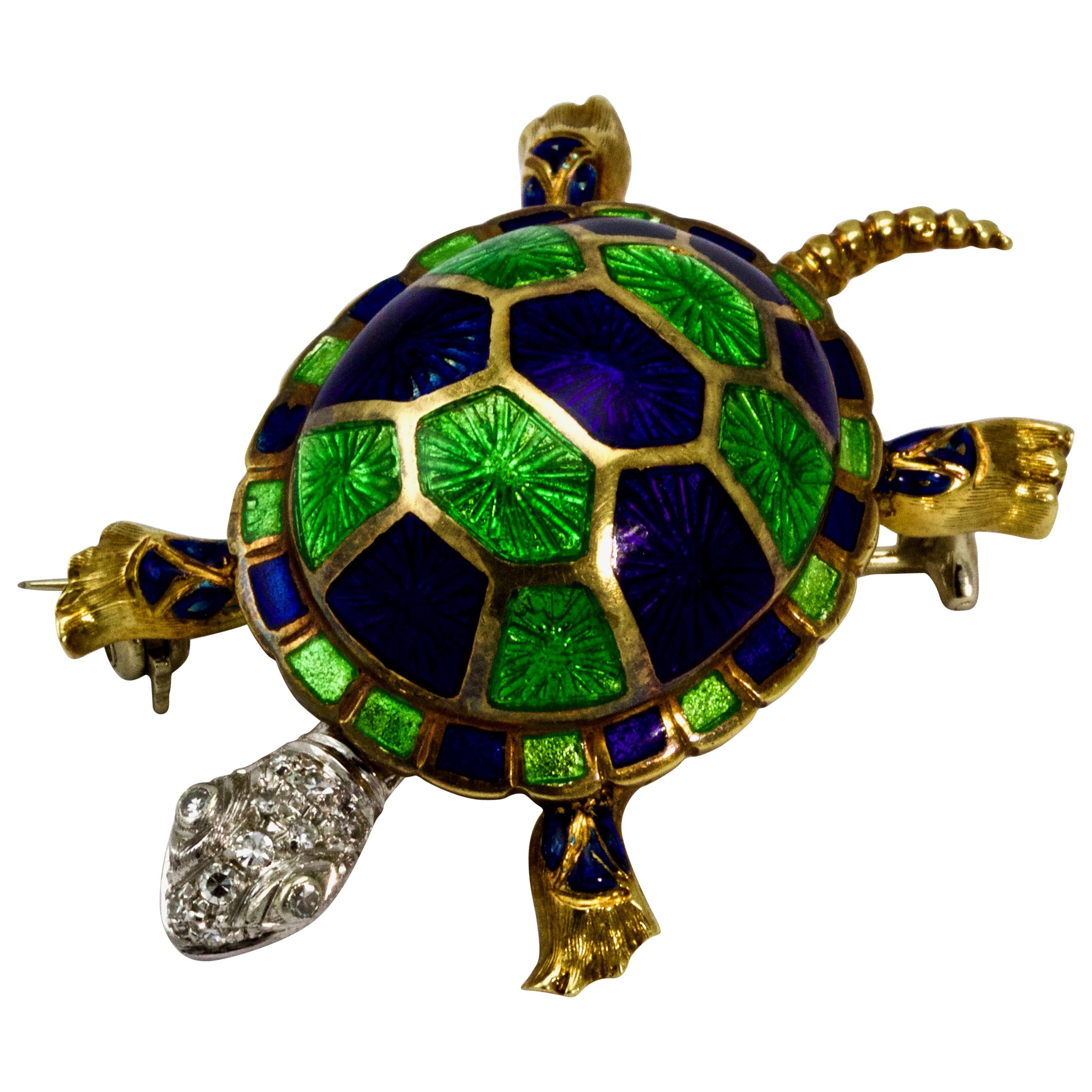 Vintage 18 Carat Gold Diamond and Enamel Turtle Brooch/Pin