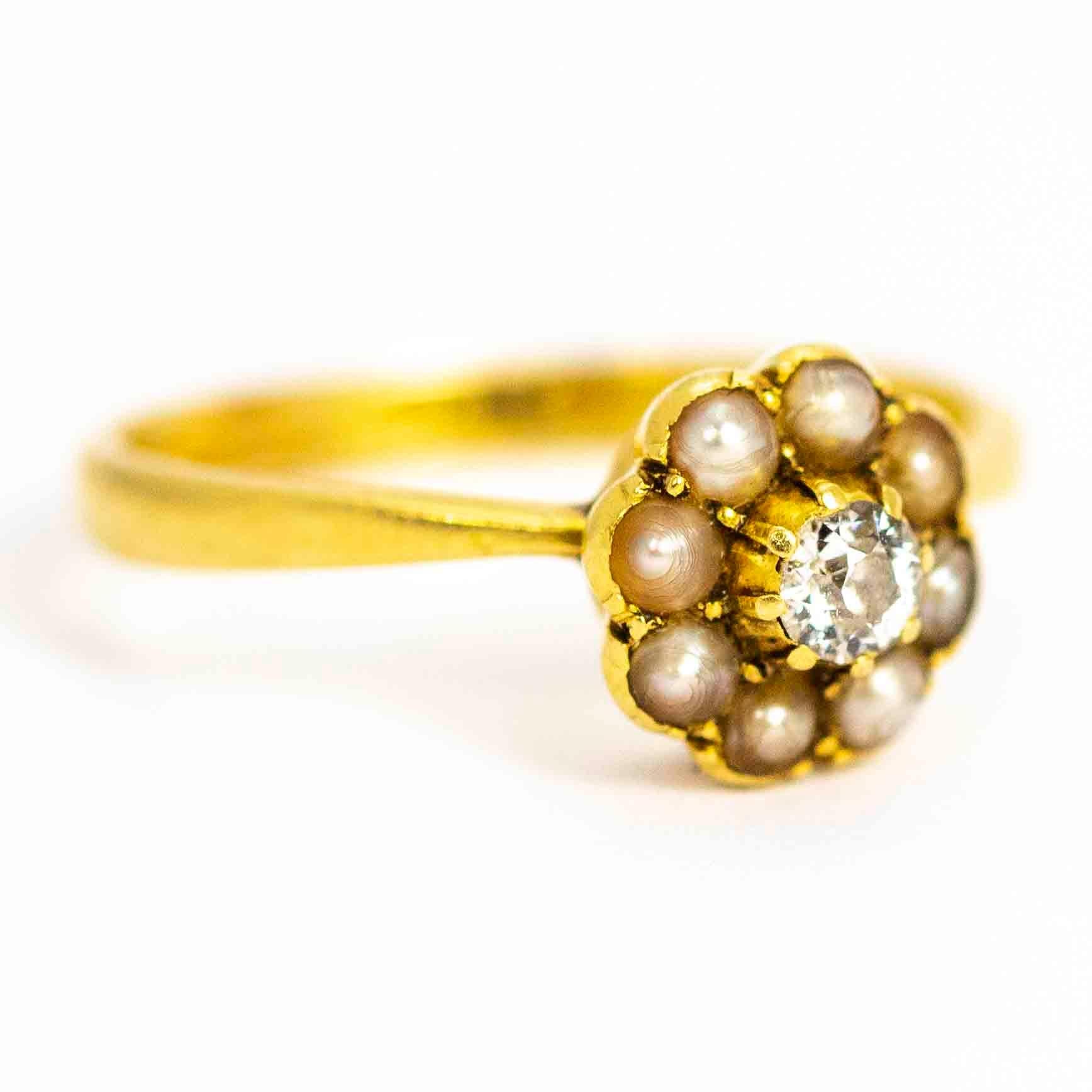Vintage 18 Carat Gold Diamond and Pearl Cluster For Sale 1