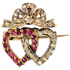 Vintage 18 Carat Gold Diamond and Pink Topaz Linked Heart Brooch