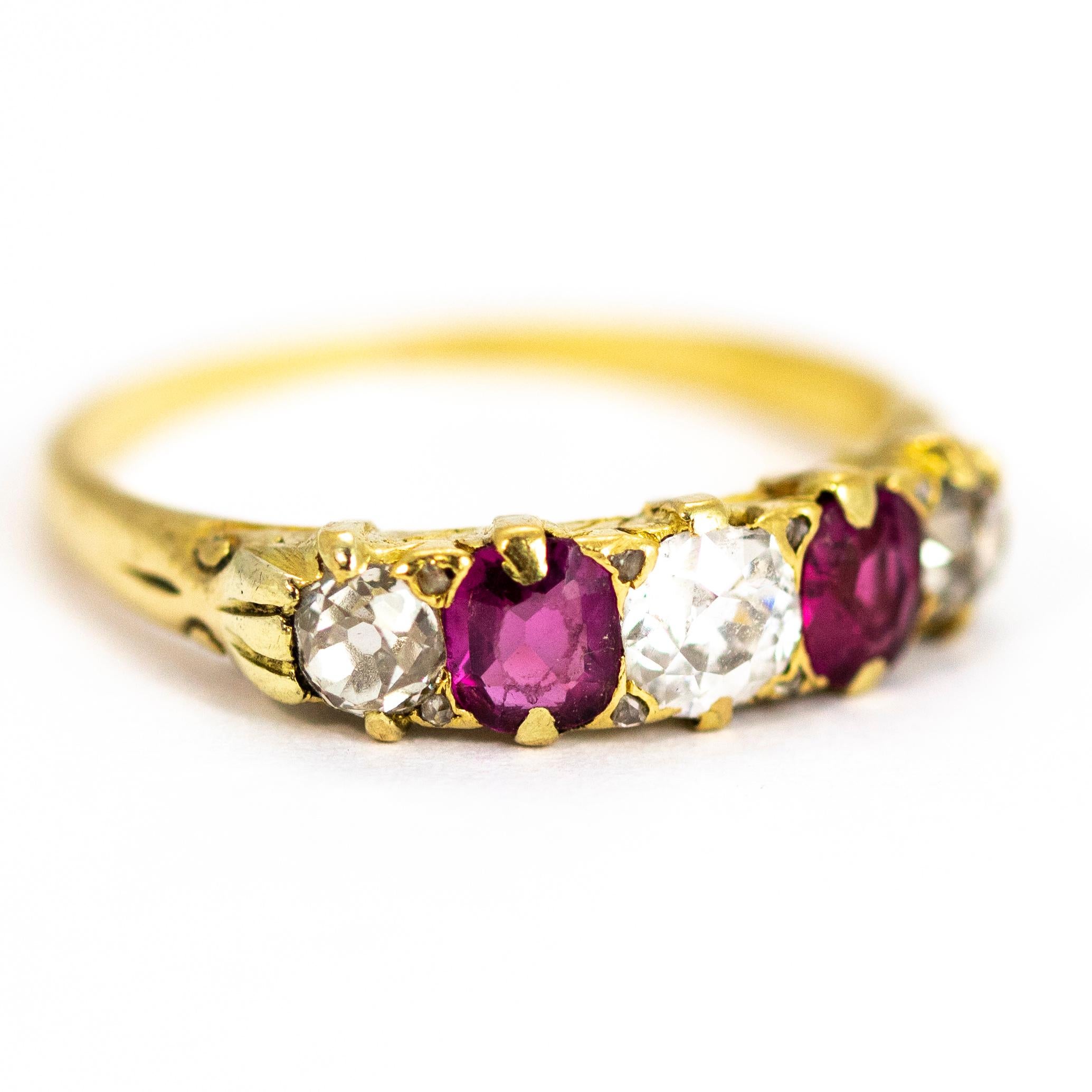 Vintage 18 Carat Gold Diamond and Ruby Five-Stone Ring In Good Condition In Chipping Campden, GB