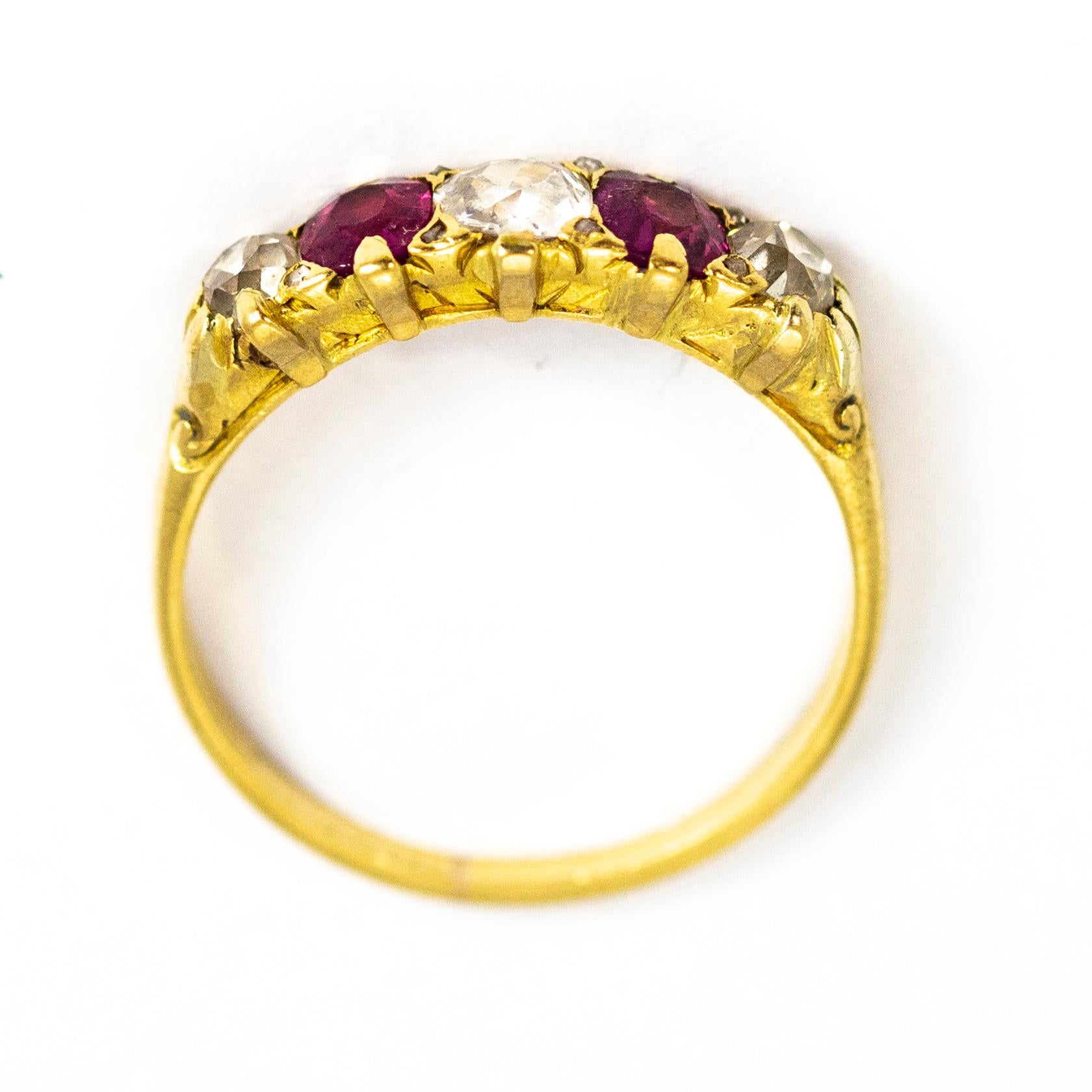 Women's or Men's Vintage 18 Carat Gold Diamond and Ruby Five-Stone Ring