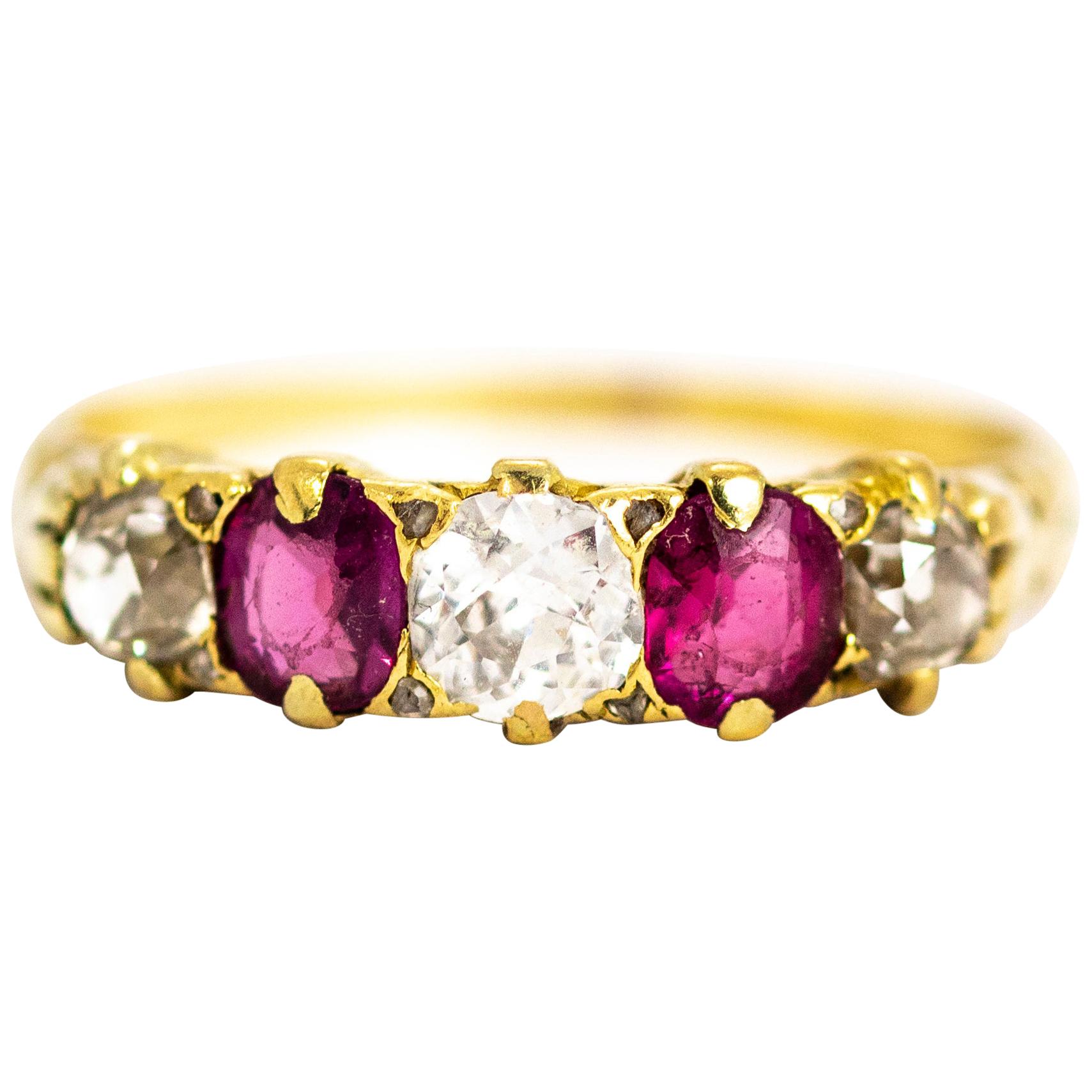 Vintage 18 Carat Gold Diamond and Ruby Five-Stone Ring