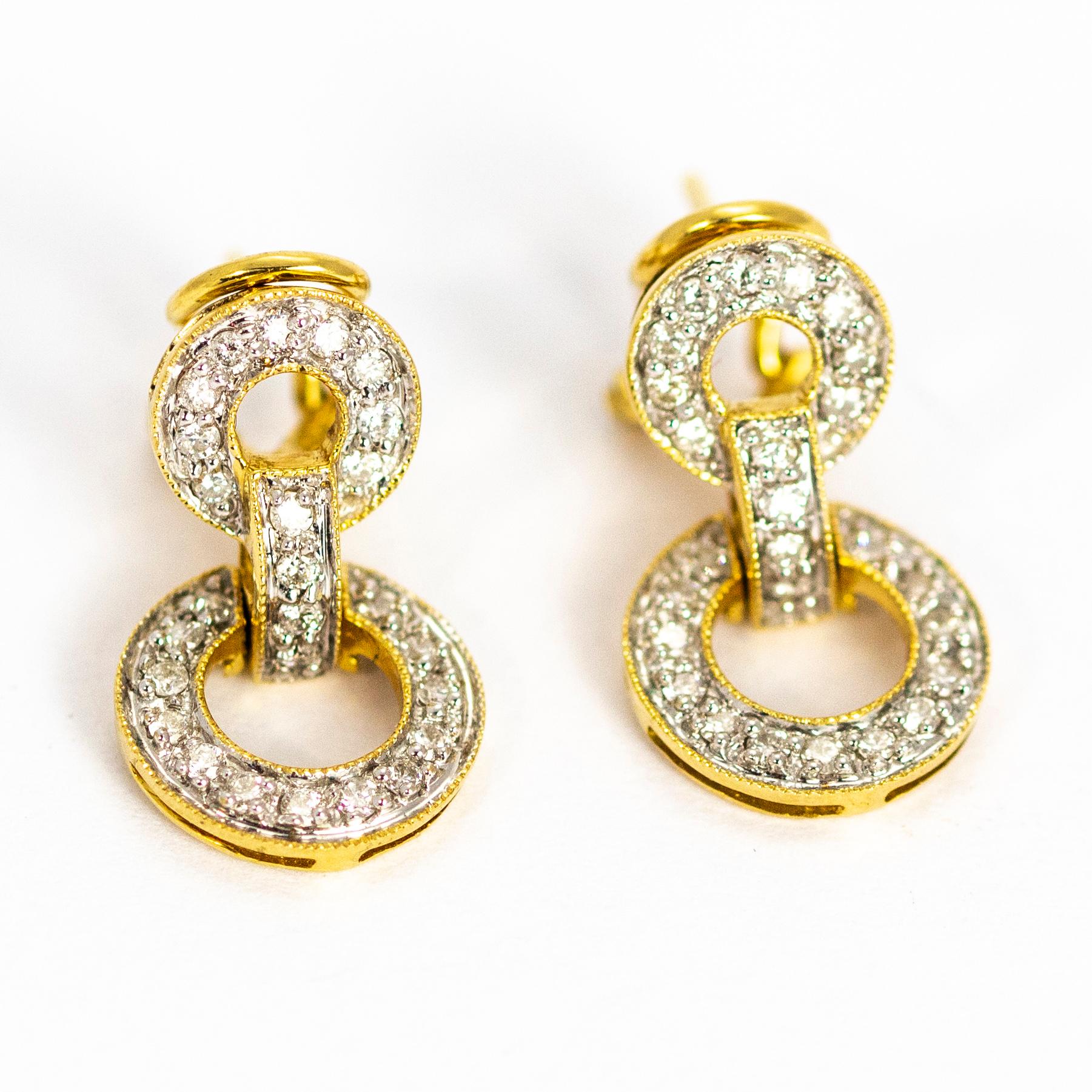 Round Cut Vintage 18 Carat Gold Diamond Double Circle Earrings