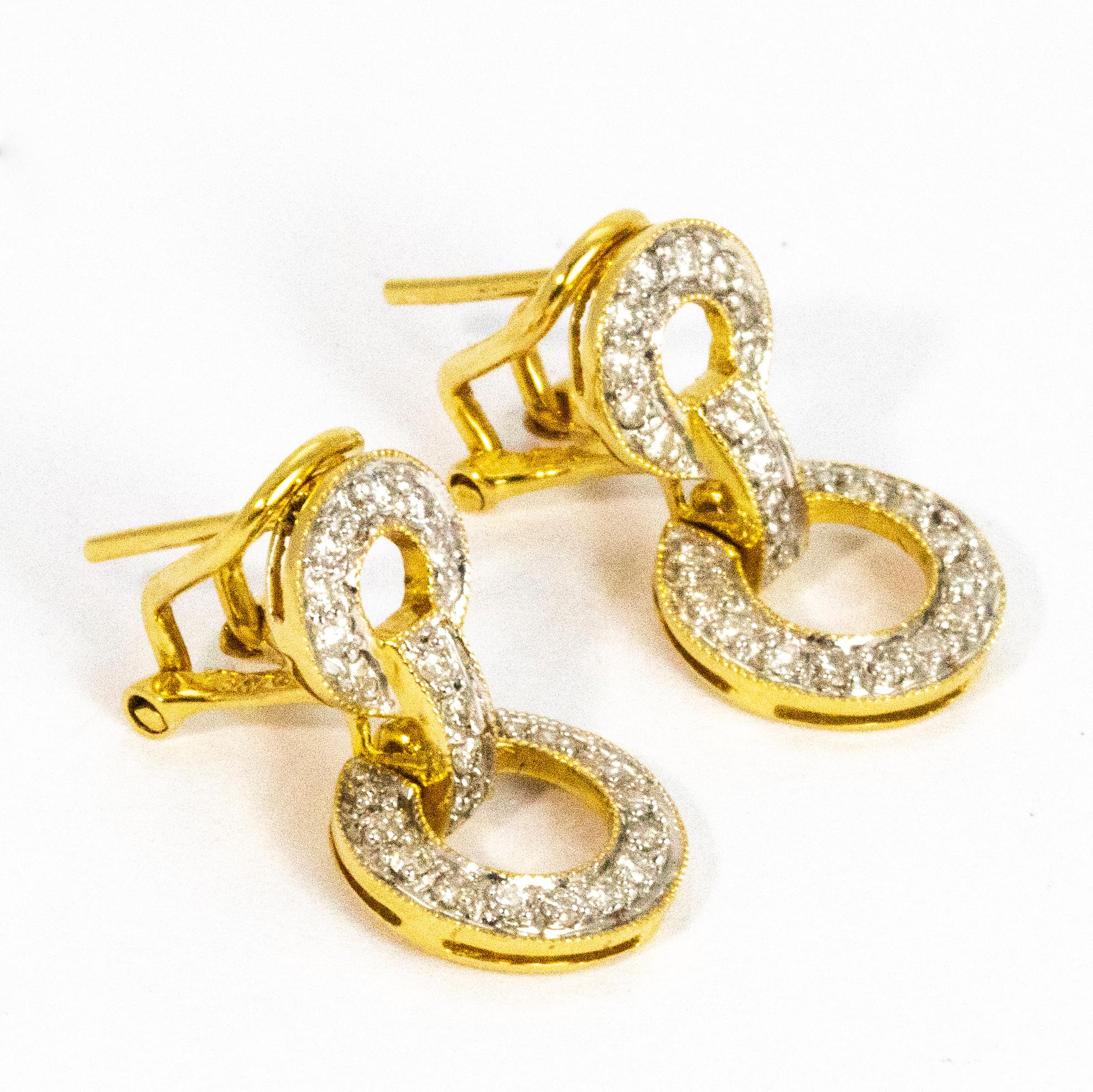 Vintage 18 Carat Gold Diamond Double Circle Earrings In Excellent Condition In Chipping Campden, GB
