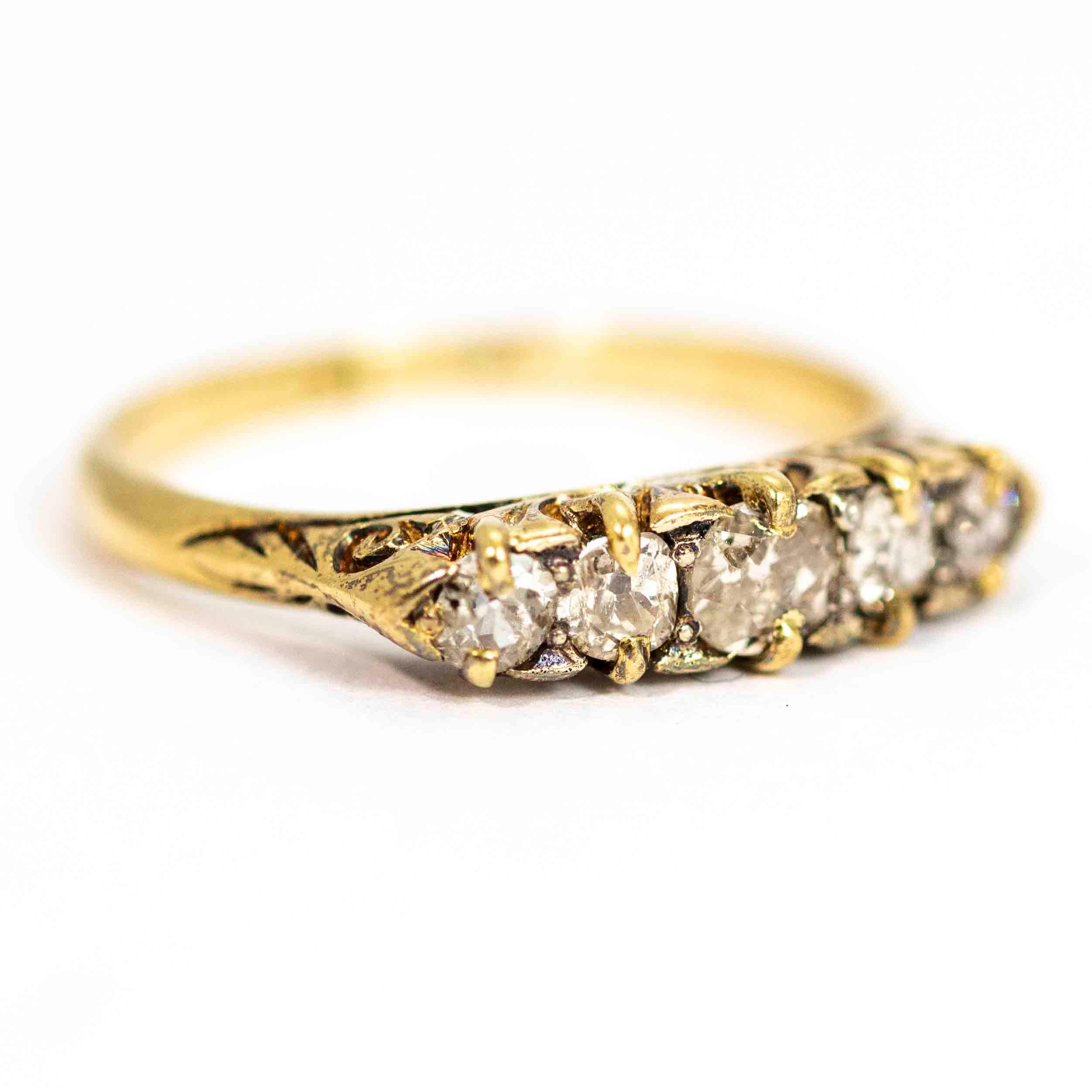 Women's or Men's Vintage 18 Carat Gold Diamond Five-Stone Ring
