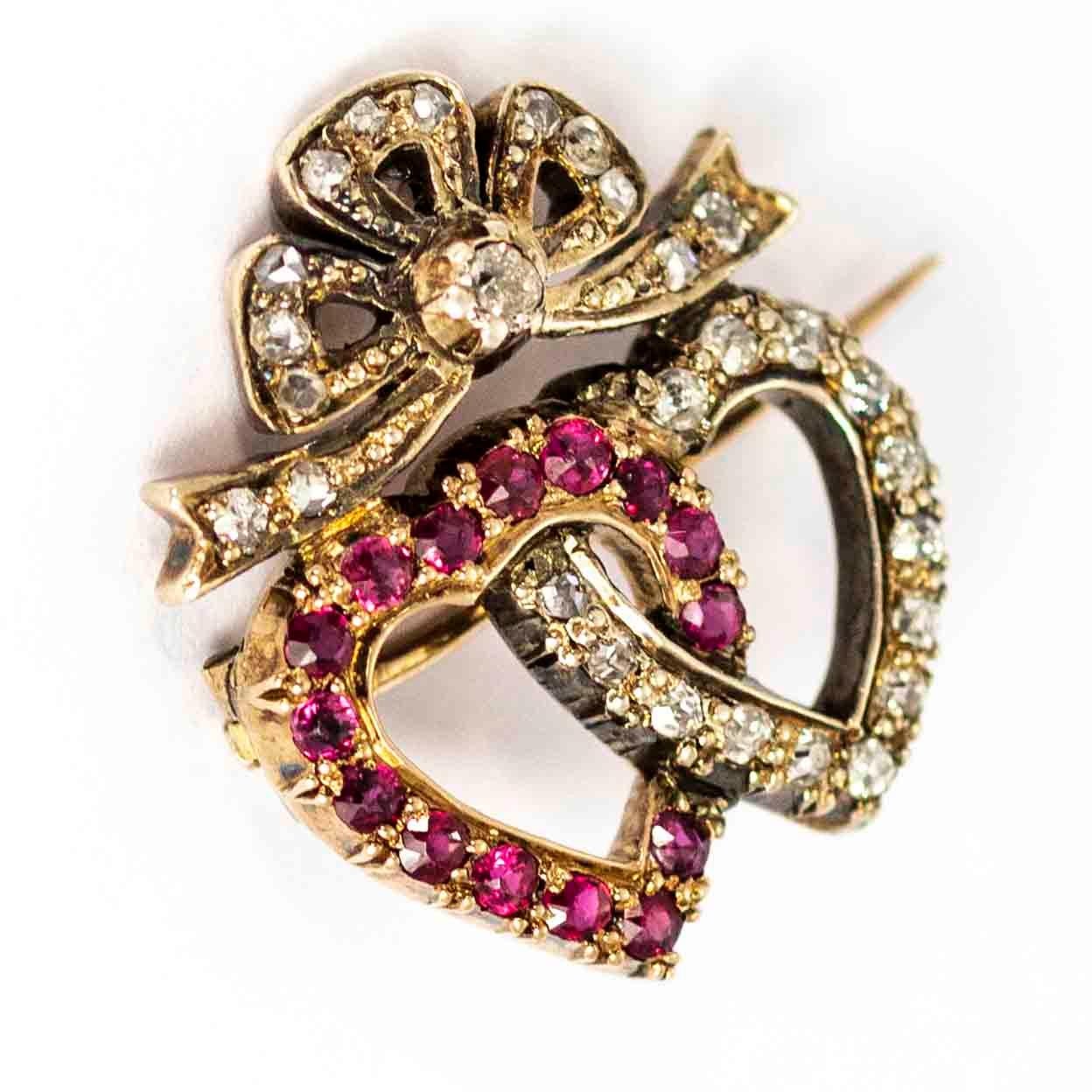 Old Mine Cut Vintage 18 Carat Gold Diamond and Pink Topaz Linked Heart Brooch