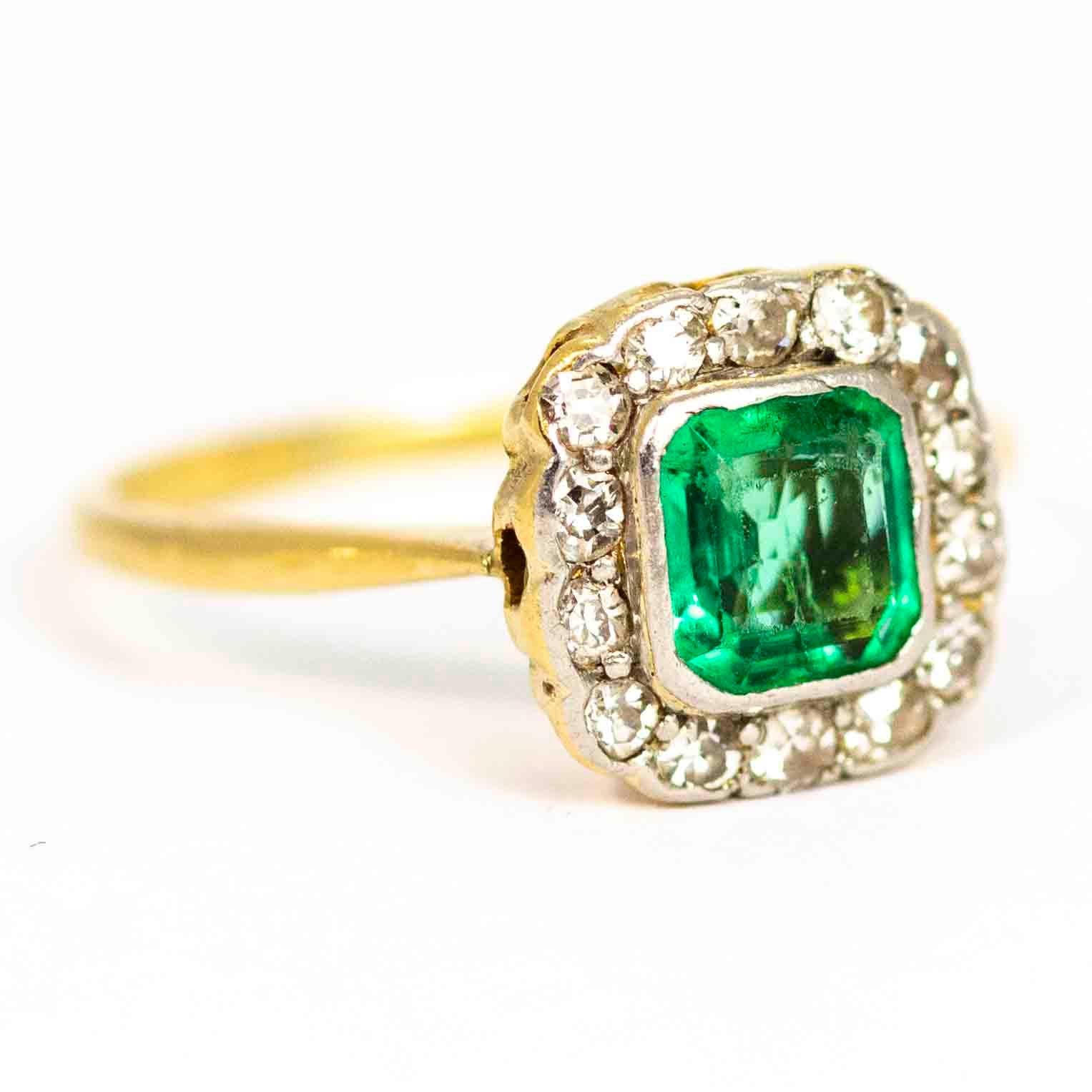 Vintage 18 Carat Gold Emerald and Diamond Cluster Ring 1