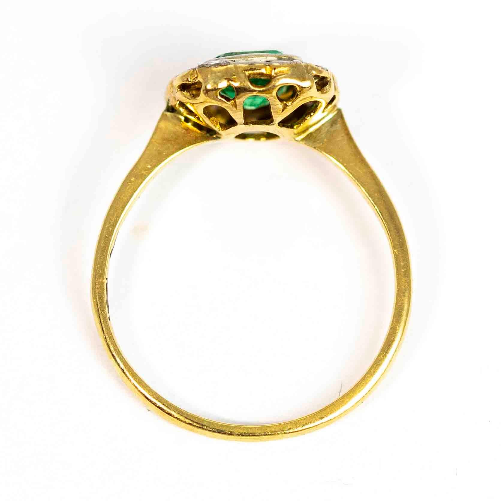 Vintage 18 Carat Gold Emerald and Diamond Cluster Ring 2