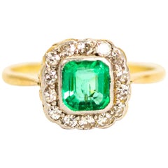 Vintage 18 Carat Gold Emerald and Diamond Cluster Ring