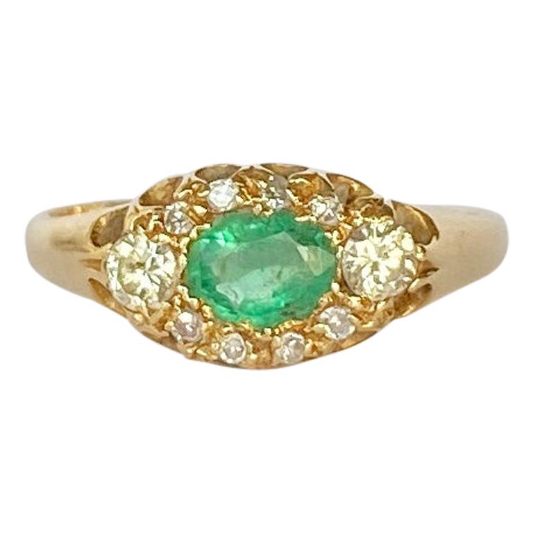 Vintage 18 Carat Gold Emerald and Diamond Cluster Ring