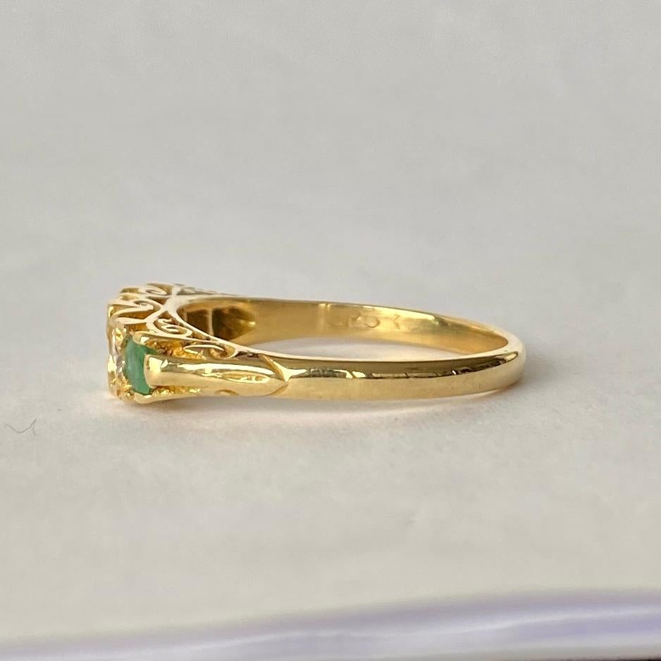 Round Cut Vintage 18 Carat Gold Emerald and Diamond Five-Stone Ring