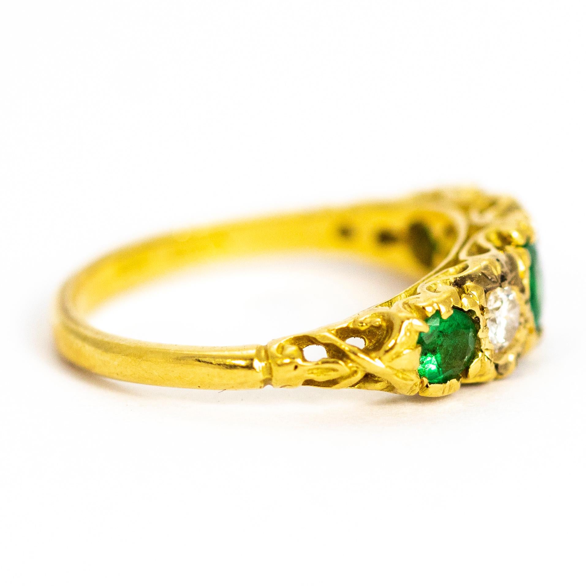 Vintage 18 Carat Gold Emerald and Diamond Five-Stone Ring In Good Condition In Chipping Campden, GB