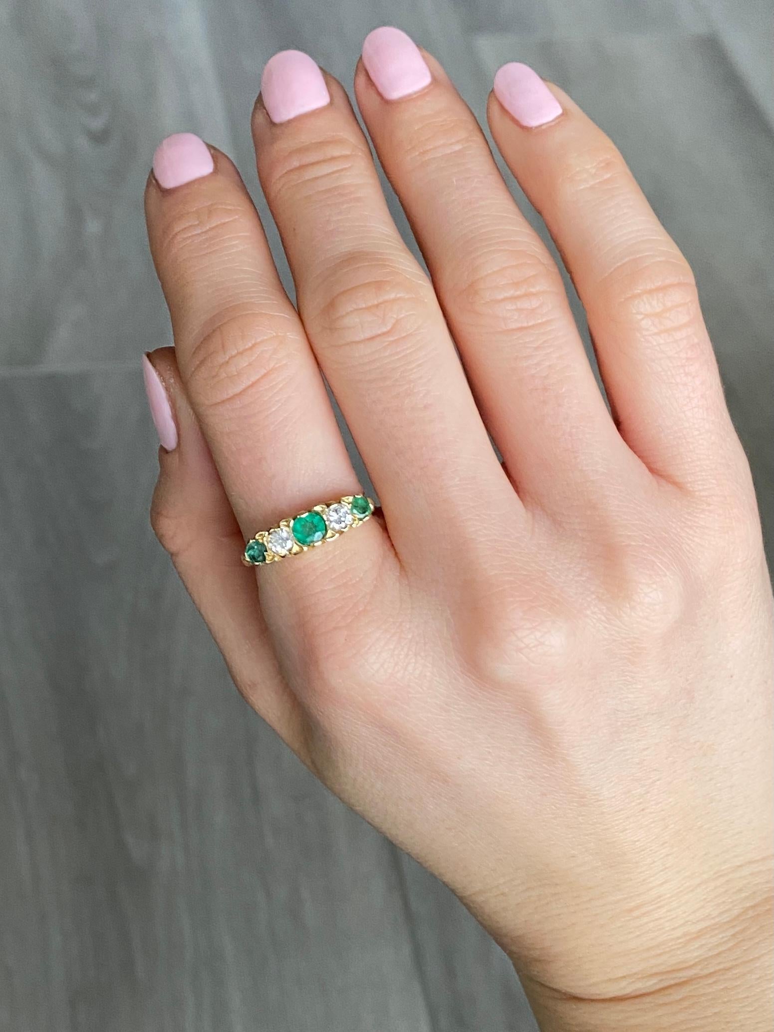 Women's Vintage 18 Carat Gold Emerald and Diamond Five-Stone Ring