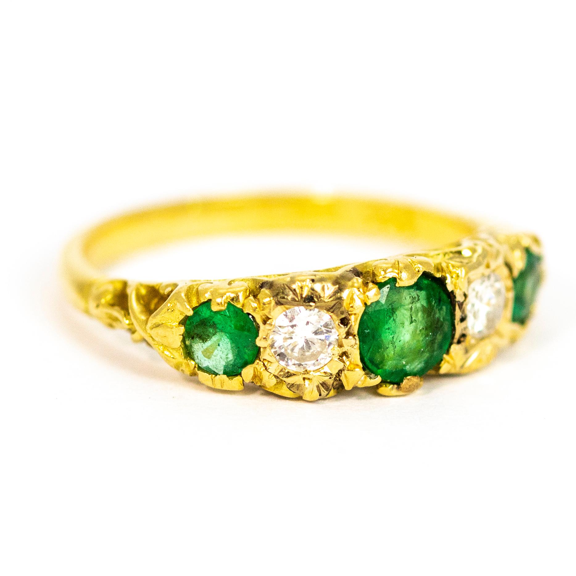 Women's or Men's Vintage 18 Carat Gold Emerald and Diamond Five-Stone Ring