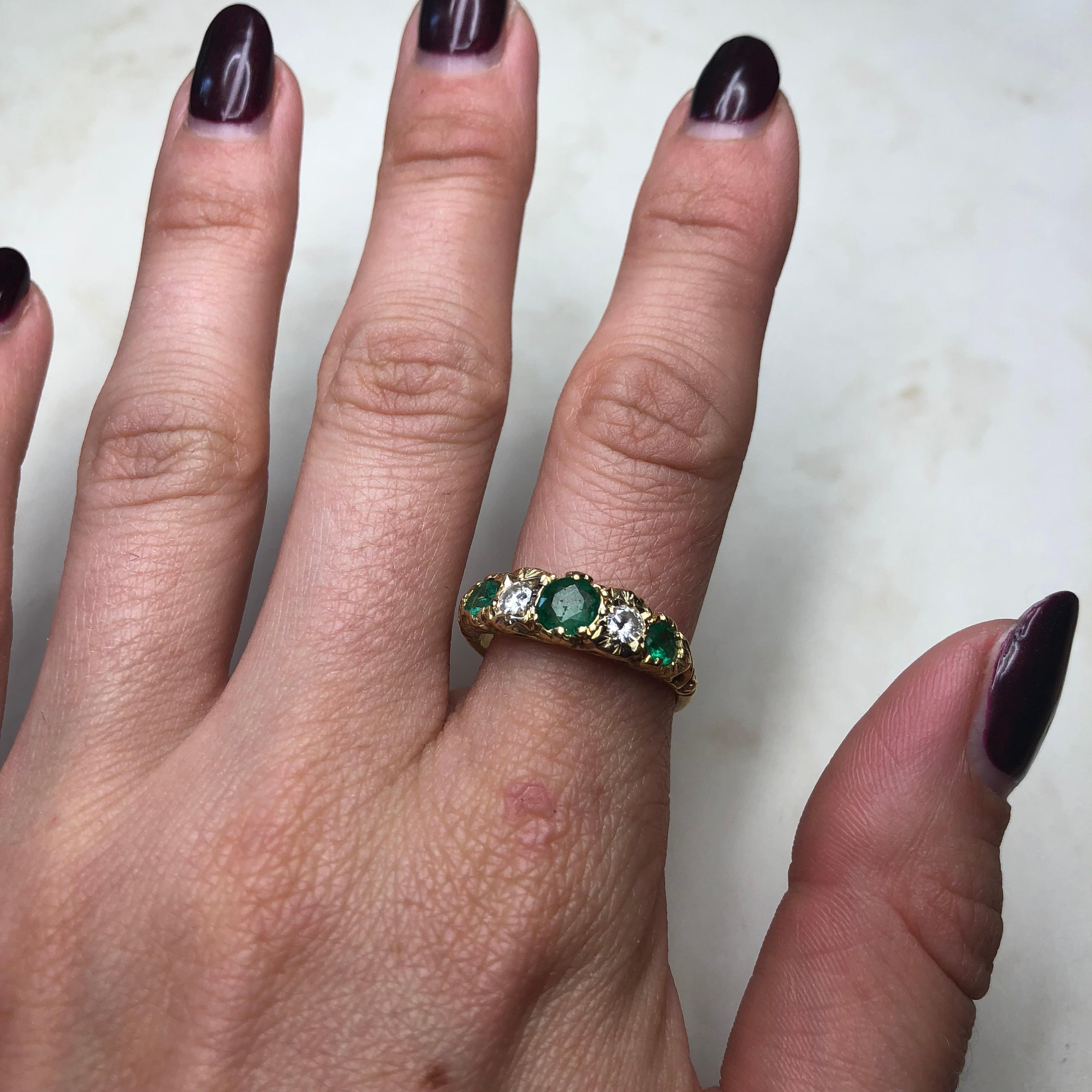 Vintage 18 Carat Gold Emerald and Diamond Five-Stone Ring 2