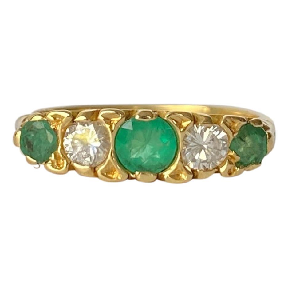 Vintage 18 Carat Gold Emerald and Diamond Five-Stone Ring