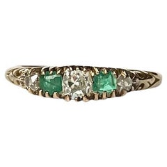 Antique 18 Carat Gold Emerald and Diamond Five-Stone Ring
