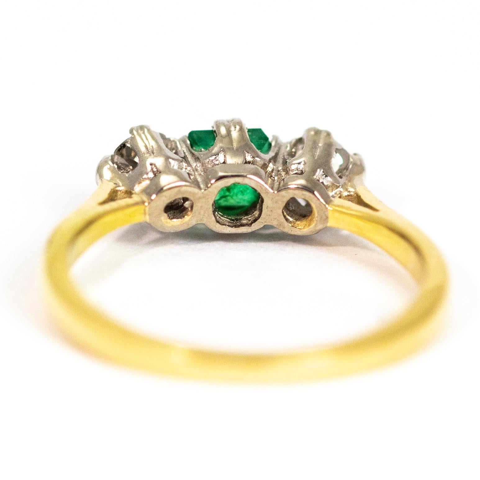 Vintage 18 Carat Gold Emerald and Diamond Three-Stone Ring In Good Condition For Sale In Chipping Campden, GB