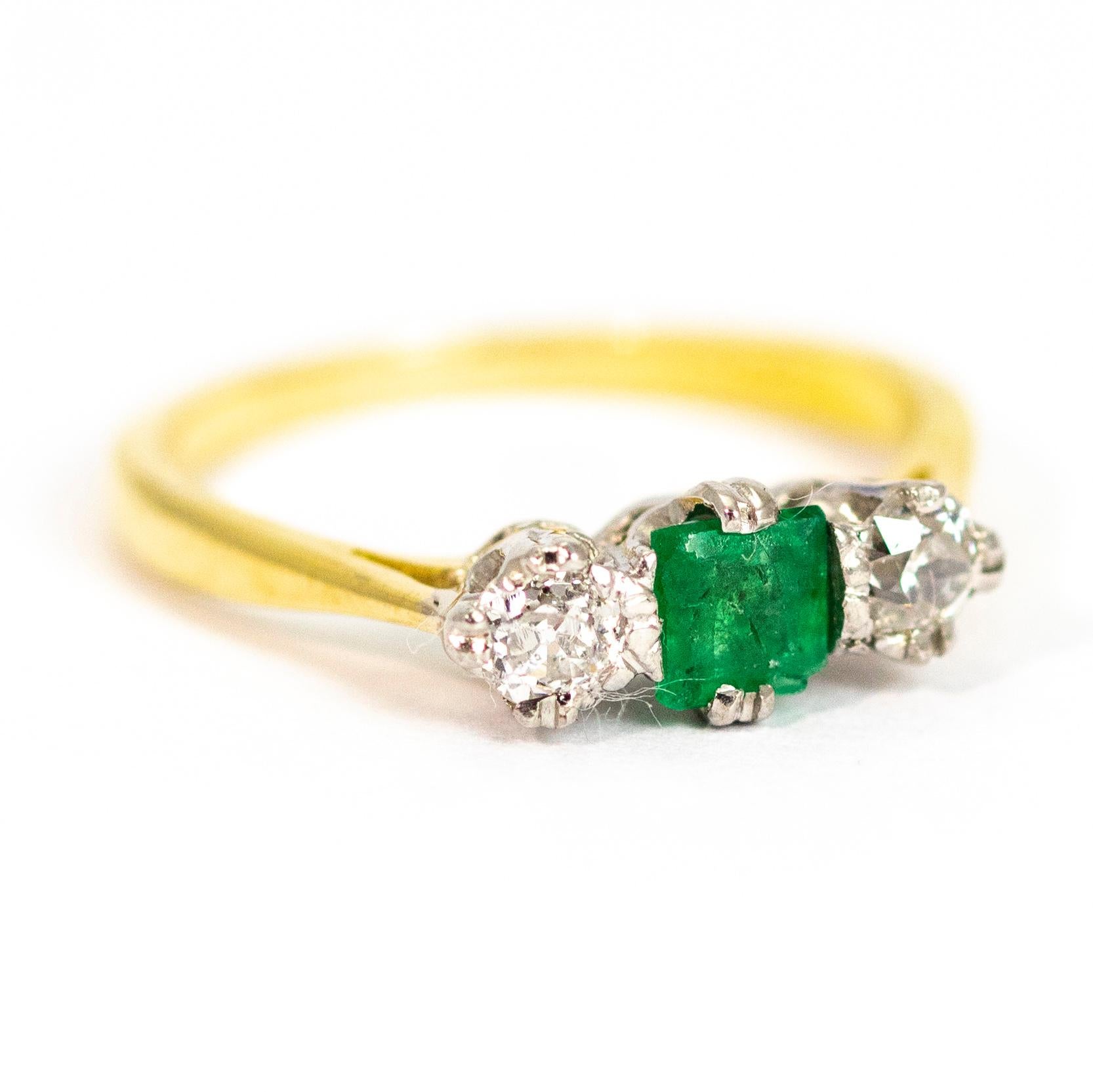 Vintage 18 Carat Gold Emerald and Diamond Three-Stone Ring For Sale 1