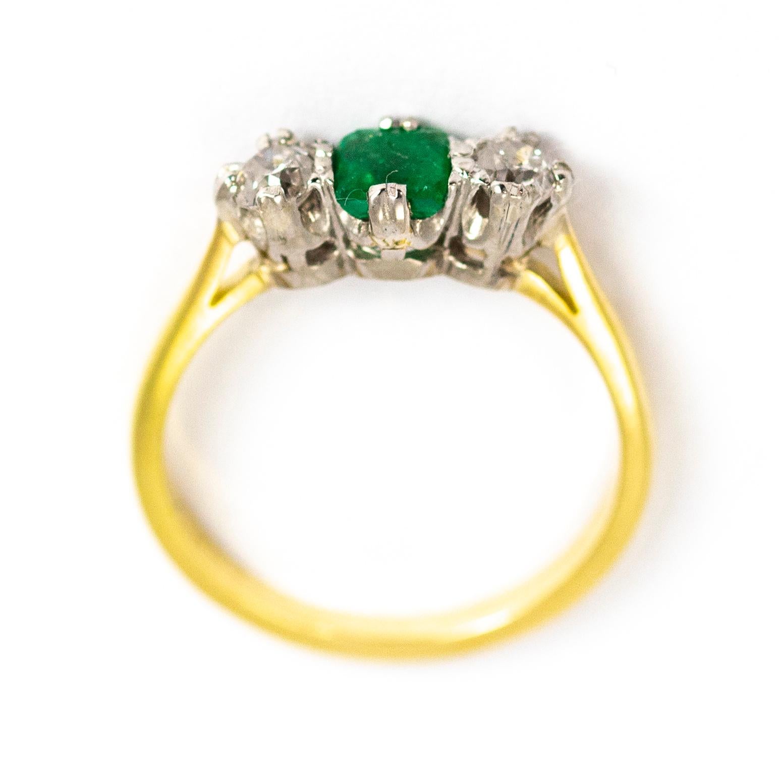 Vintage 18 Carat Gold Emerald and Diamond Three-Stone Ring For Sale 2