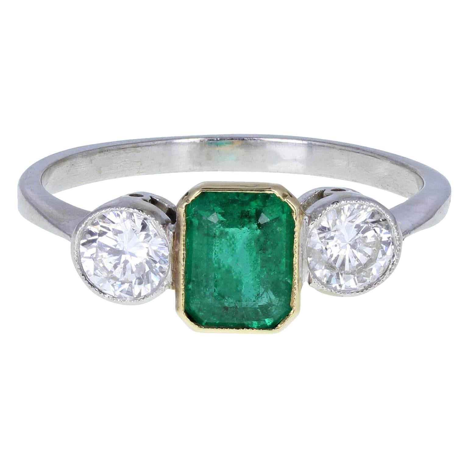 Vintage 18 Carat Gold Emerald Diamond Three-Stone Trilogy Ring For Sale