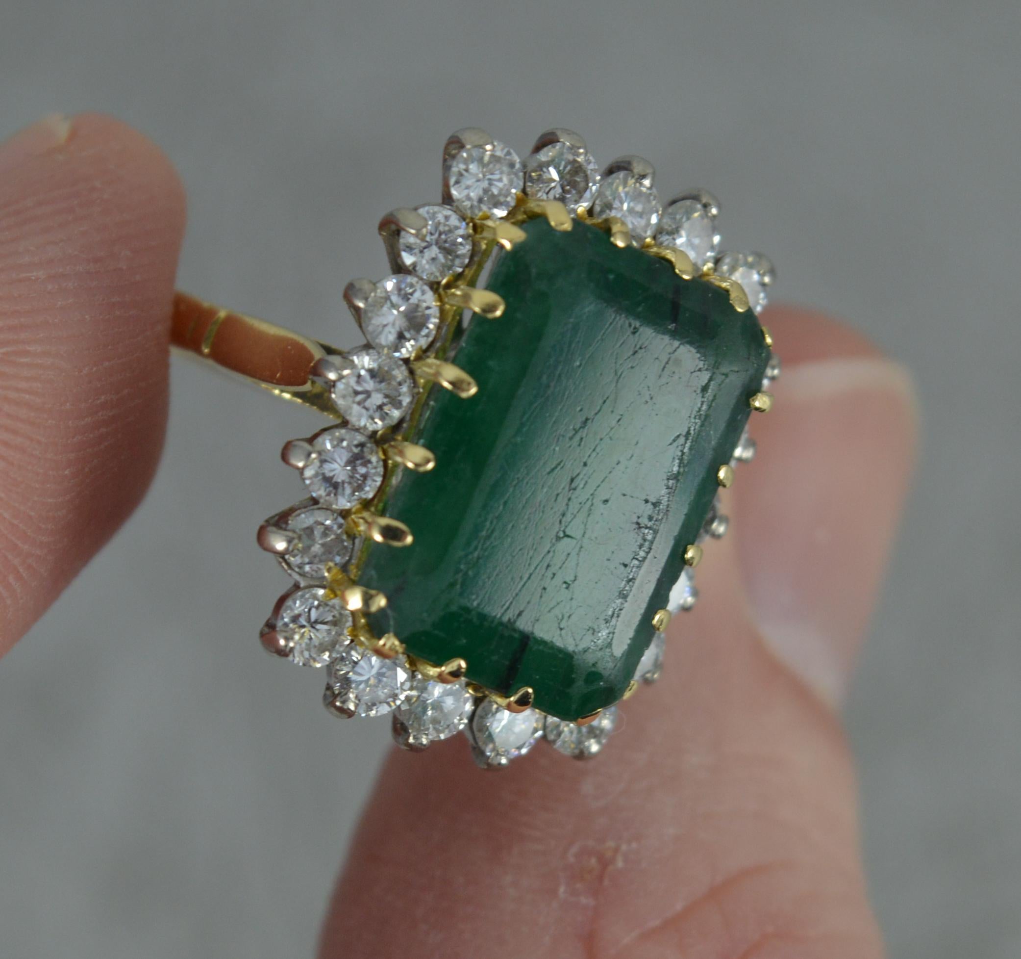 Women's Vintage 18 Carat Gold Large Emerald and 1.20 Carat Diamond Cluster Ring