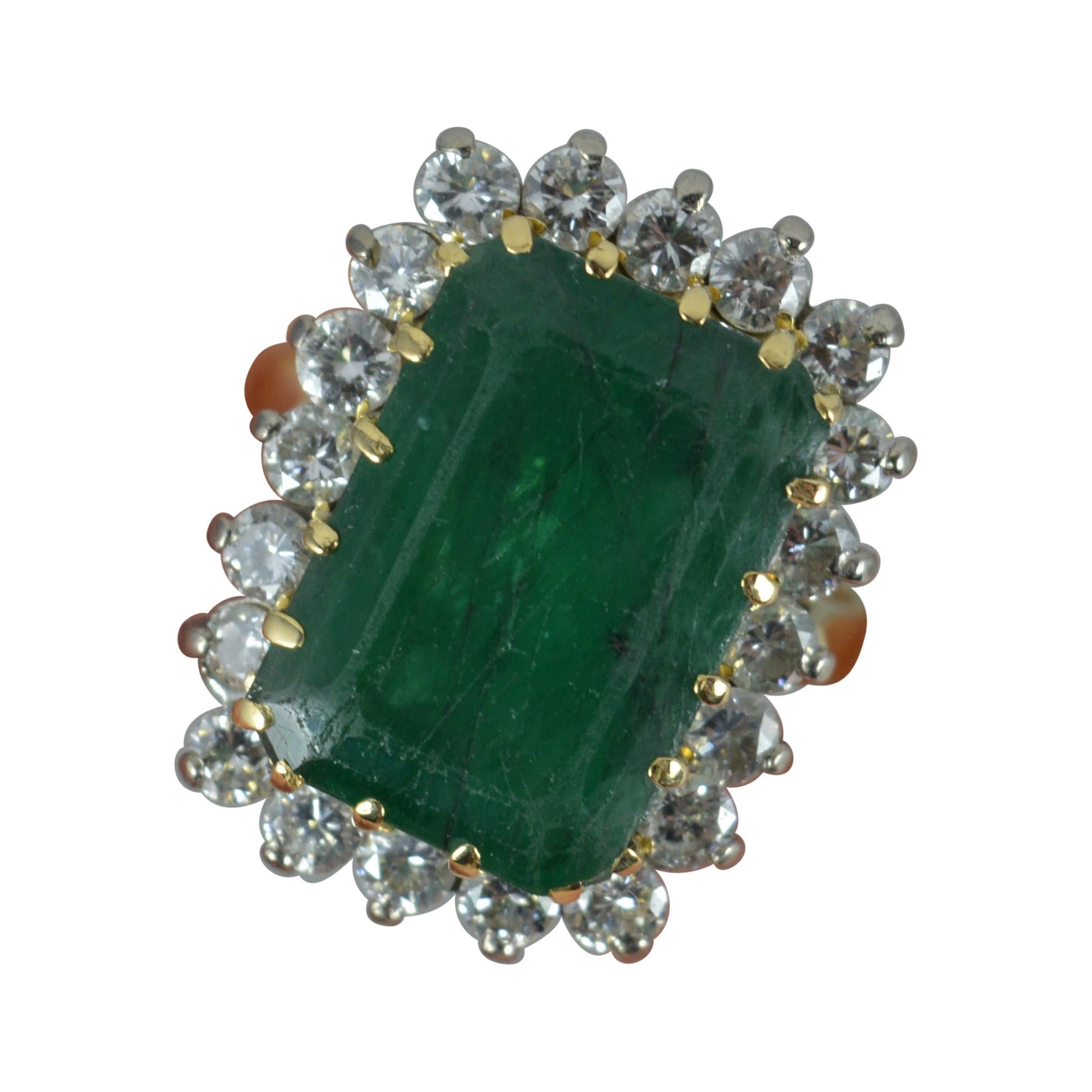 Vintage 18 Carat Gold Large Emerald and 1.20 Carat Diamond Cluster Ring