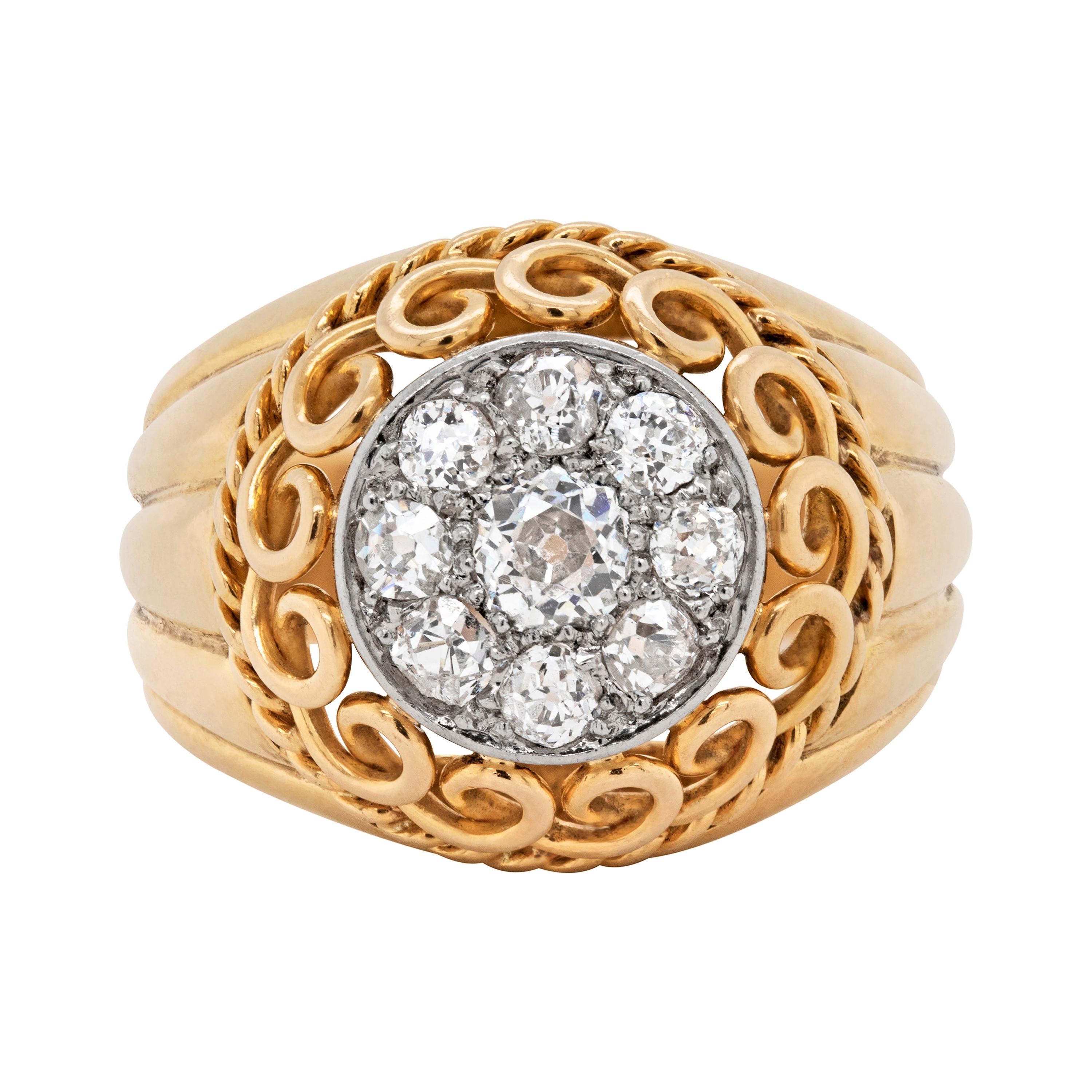 Vintage 18 Carat Gold Old Cut Diamond Round Cluster Dome Ring, Circa 1940's For Sale