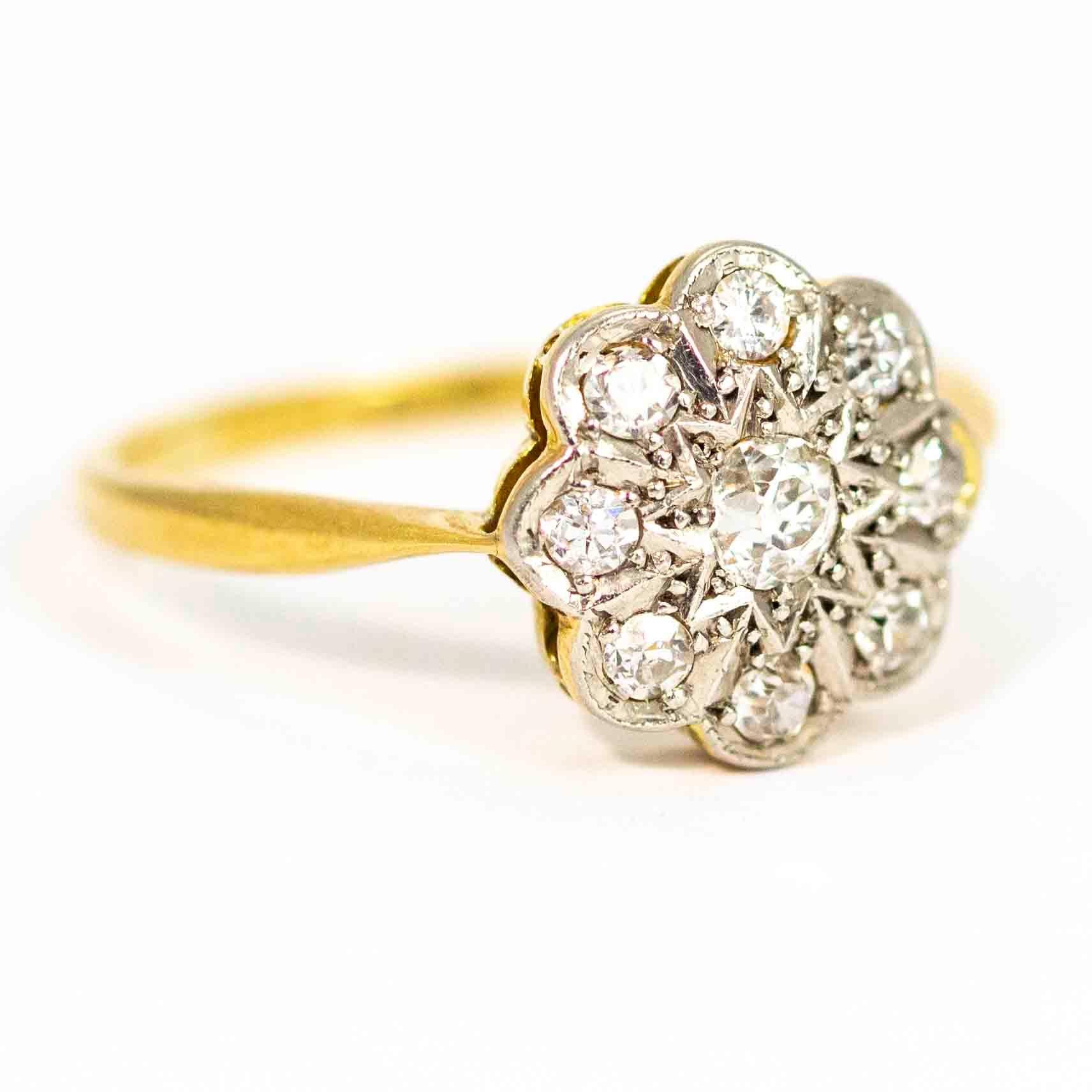 Women's or Men's Vintage 18 Carat Gold and Platinum Diamond Cluster Ring