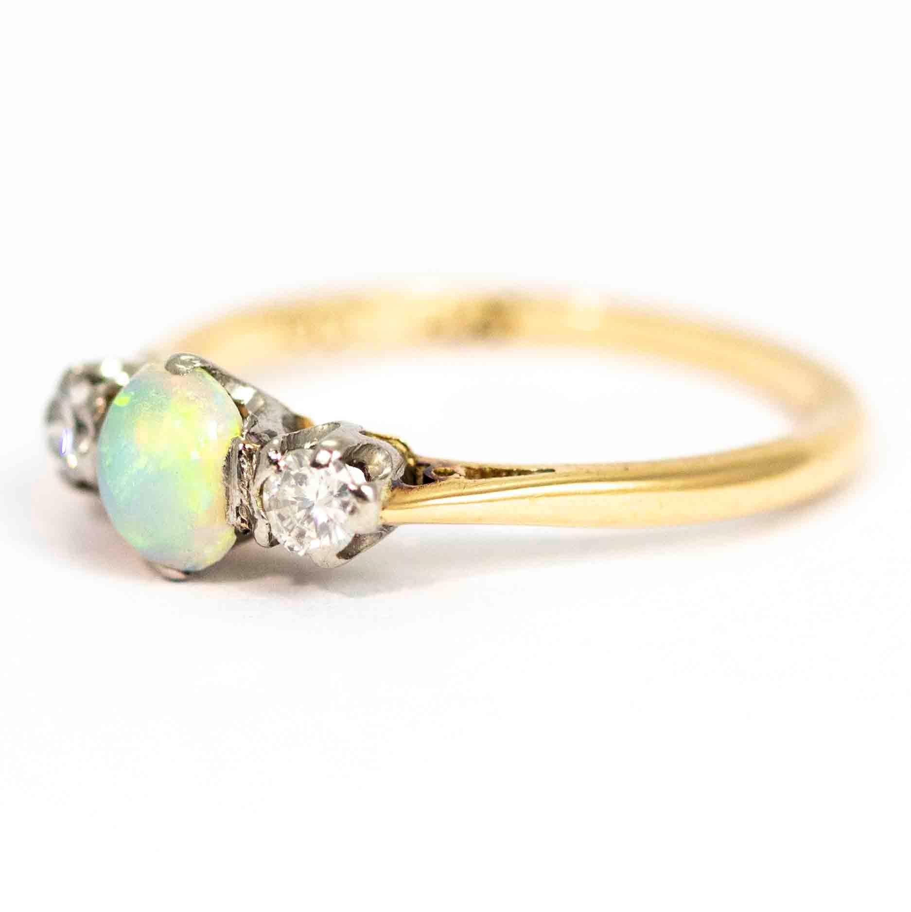 Round Cut Vintage 18 Carat Gold and Platinum Opal and Diamond Three-Stone Ring